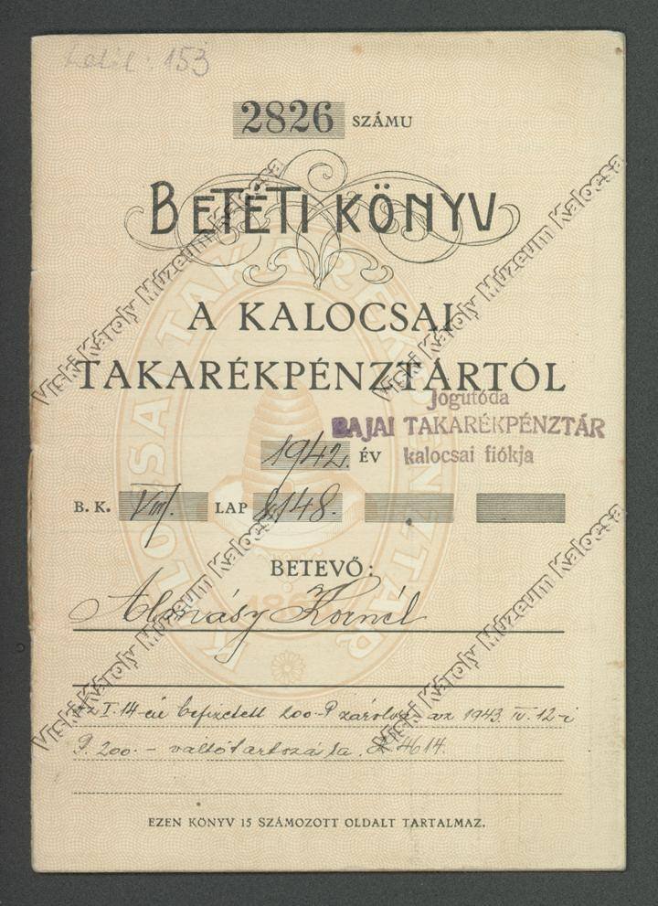 Betéti könyv (Viski Károly Múzeum Kalocsa RR-F)
