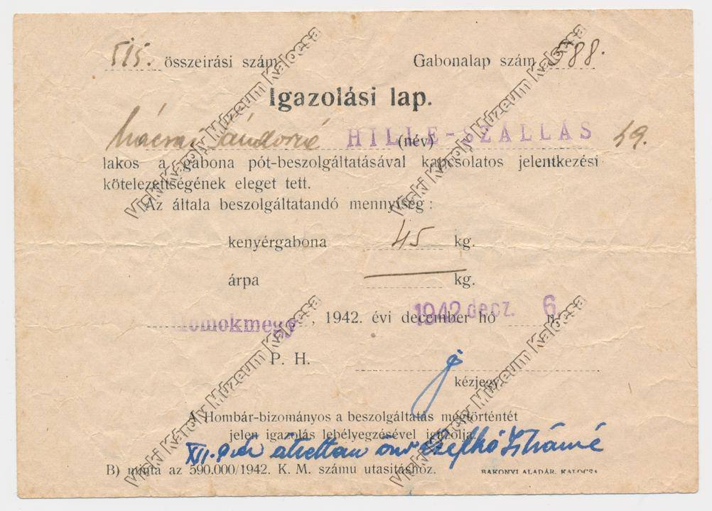 Igazolási lap (Viski Károly Múzeum Kalocsa RR-F)