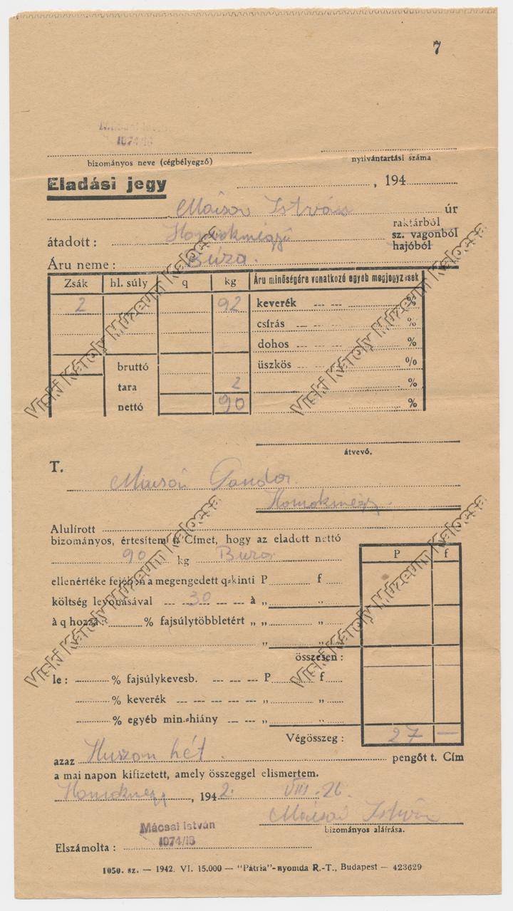 Eladási jegy (Viski Károly Múzeum Kalocsa RR-F)