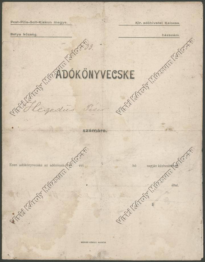 Adókönyvecske (Viski Károly Múzeum Kalocsa RR-F)
