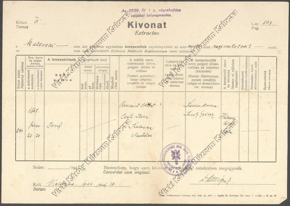 Kivonat (Viski Károly Múzeum Kalocsa RR-F)