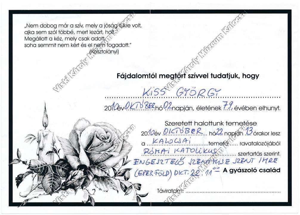 Gyászjelentés (Viski Károly Múzeum Kalocsa RR-F)