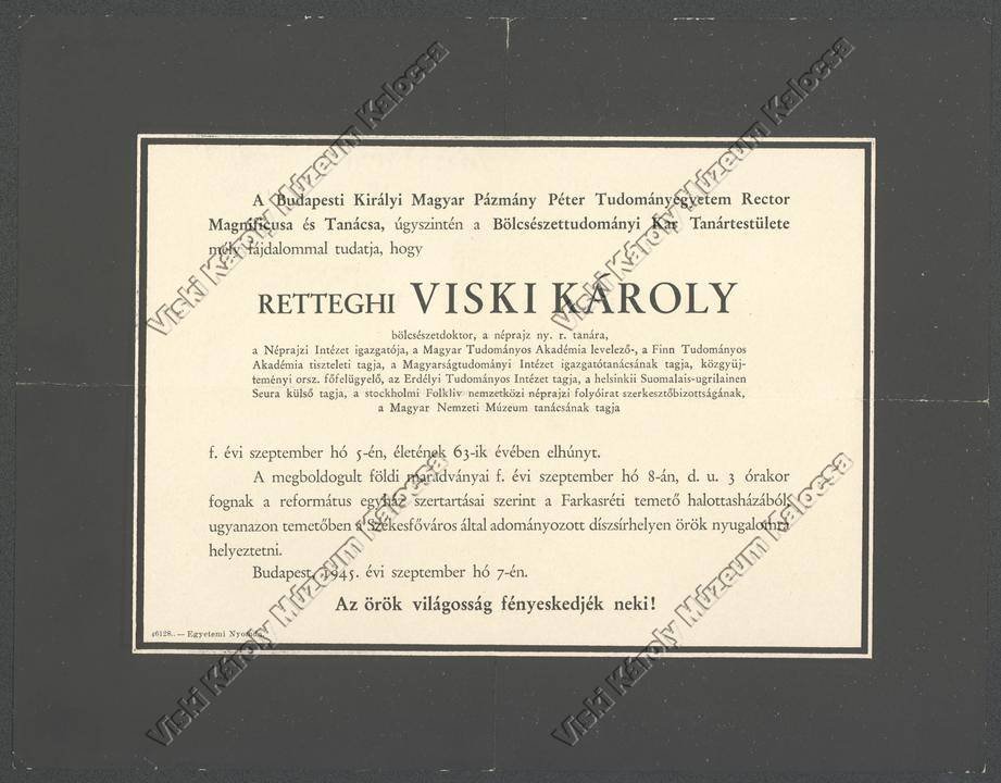 Gyászjelentés (Viski Károly Múzeum Kalocsa RR-F)