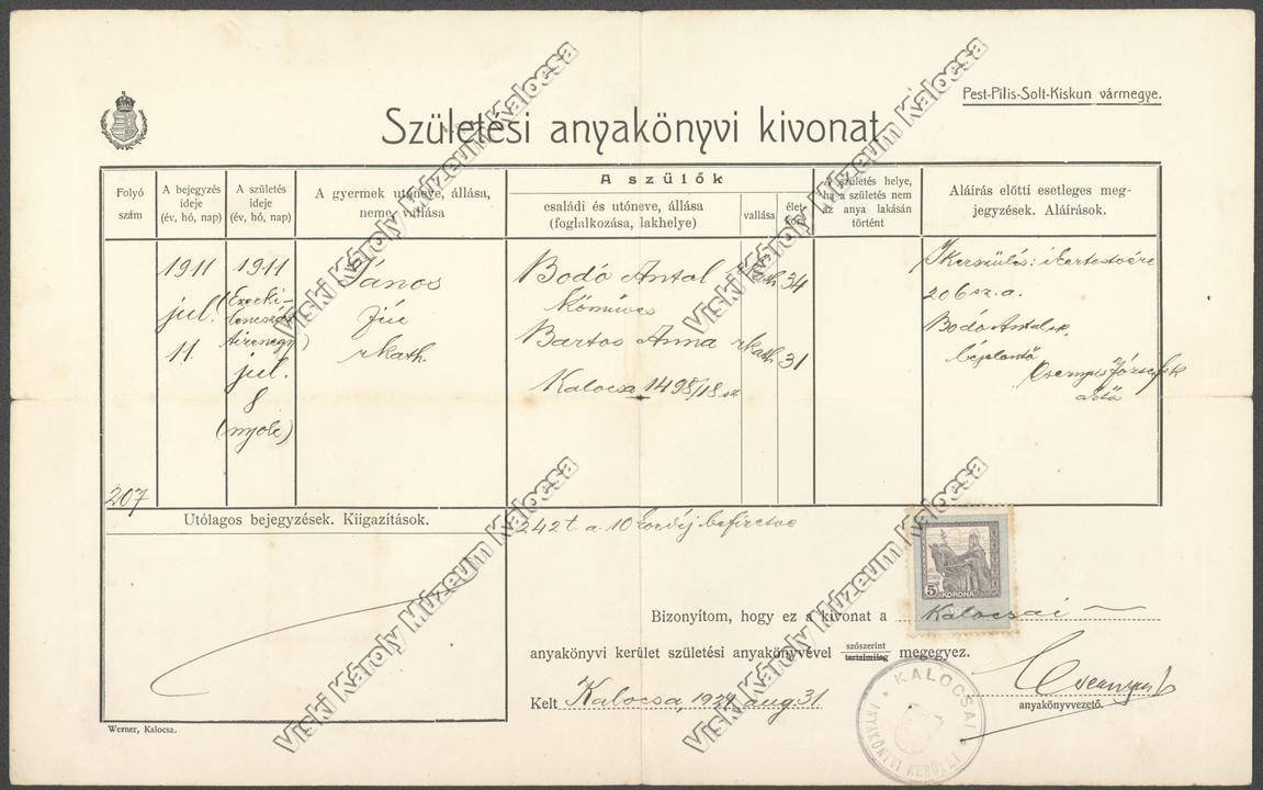 Anyakönyvi kivonat (Viski Károly Múzeum Kalocsa RR-F)