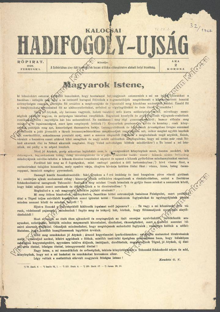 Újság, Kalocsai Hadifogoly újság (Viski Károly Múzeum Kalocsa RR-F)