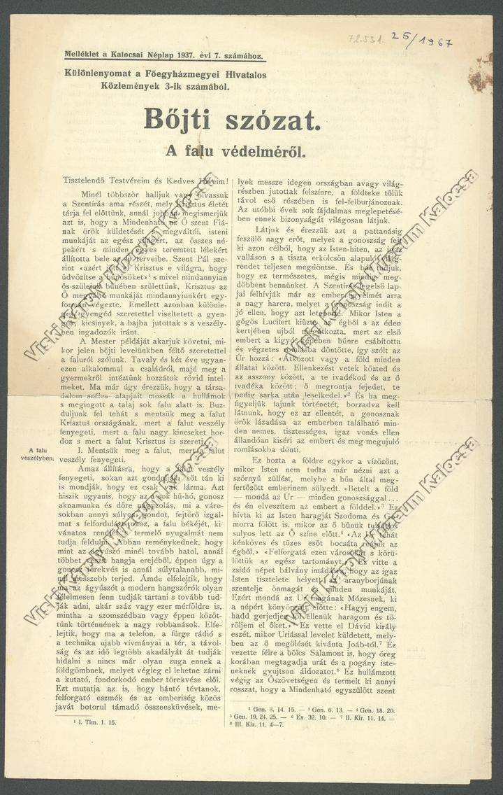 Újságmelléklet, Böjti szózat a falu védelméről (Viski Károly Múzeum Kalocsa RR-F)