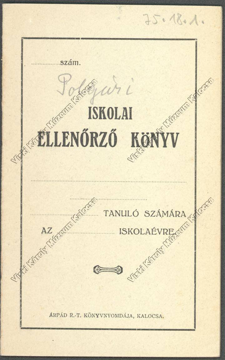 Ellenőrző könyv (Viski Károly Múzeum Kalocsa RR-F)