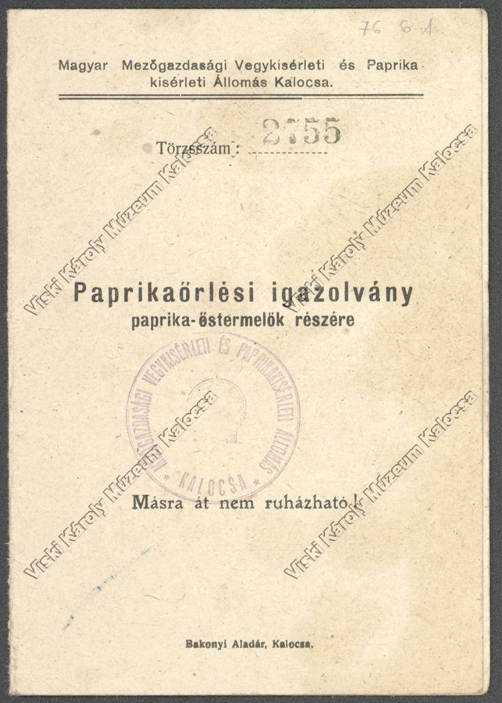 Paprikaőrlési igazolvány (Viski Károly Múzeum Kalocsa RR-F)