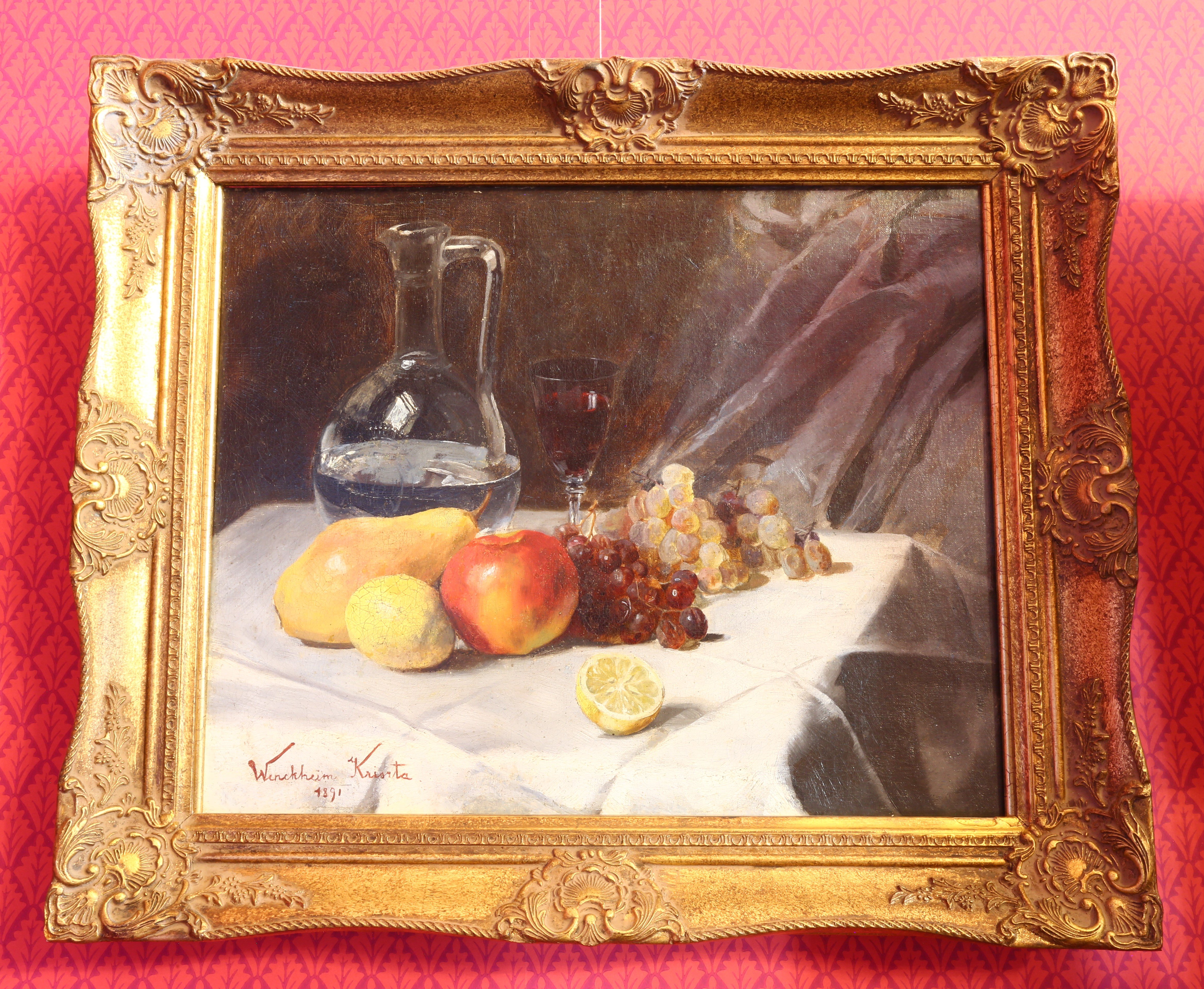 Festmény (Asztali csendélet vizeskancsóval, borospohárral és gyümölcsökkel) (Nemzeti Örökségvédelmi Fejlesztési Nonprofit Kft. CC BY-NC-SA)