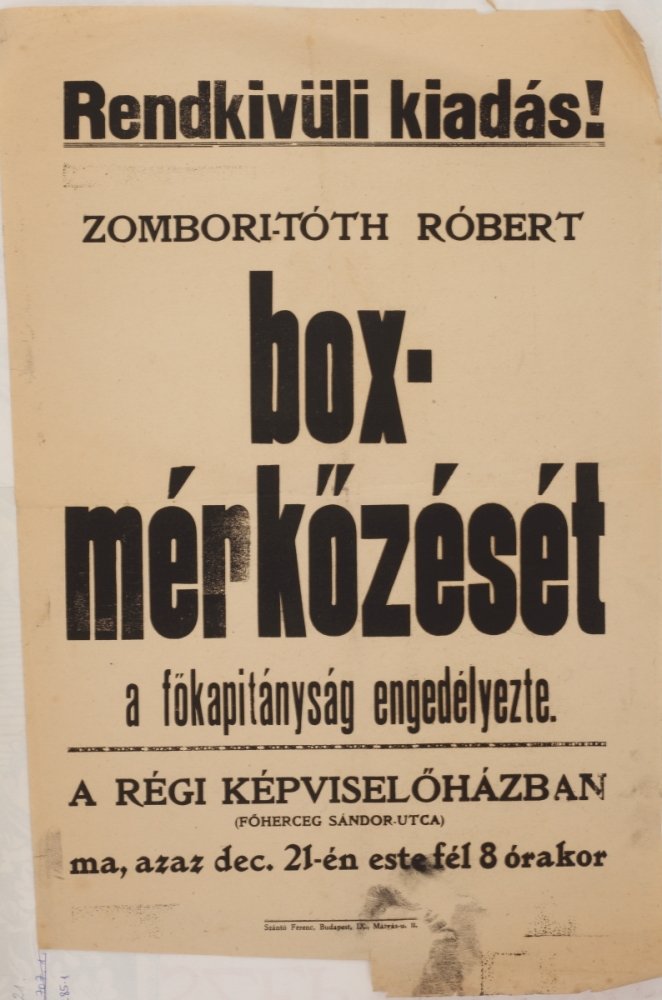 Zombori-Tóth Róbert box-mérkőzését a főkapitányság engedélyezte. (Budapesti Történeti Múzeum CC BY-NC-SA)