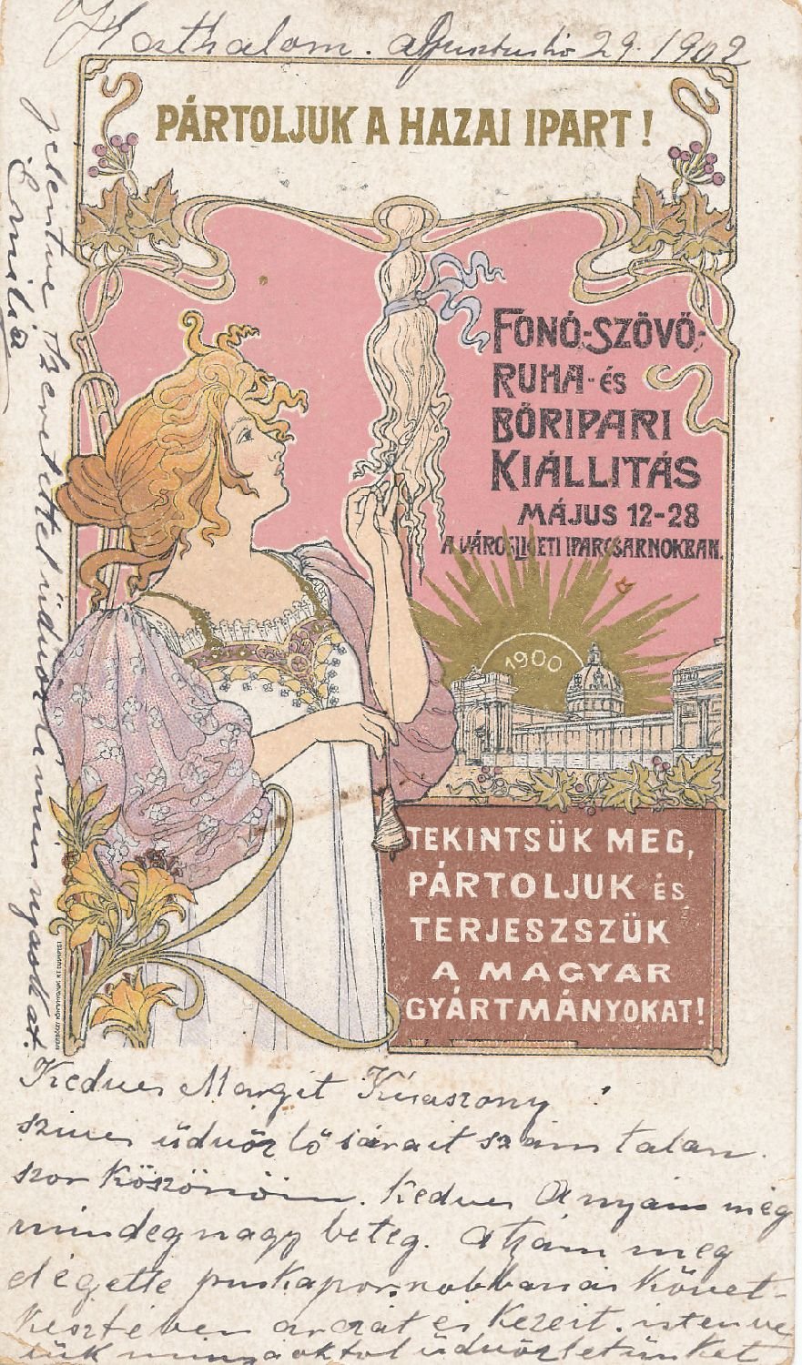 A hazai ipart népszerűsítő reklám levelezőlap. Színezett nyomat. (Budapesti Történeti Múzeum CC BY-NC-SA)