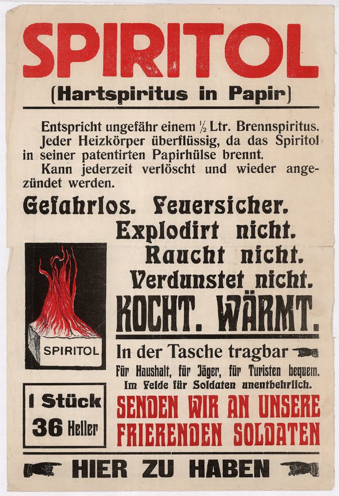 Spiritol, német nyelvű söveges plakát Spiritol (Hartspiritus in Papír) (Budapesti Történeti Múzeum CC BY-NC-SA)