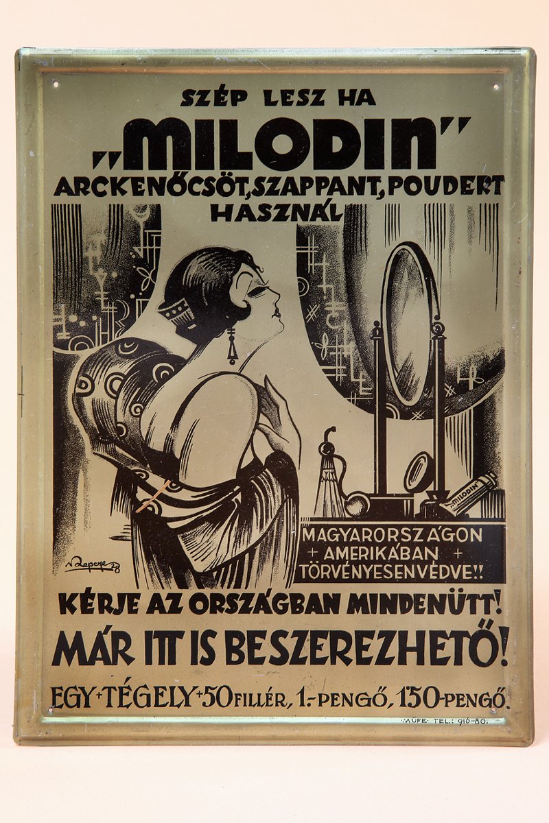 Reklám tábla fémből, Milodin illatszerek (Budapesti Történeti Múzeum CC BY-NC-SA)