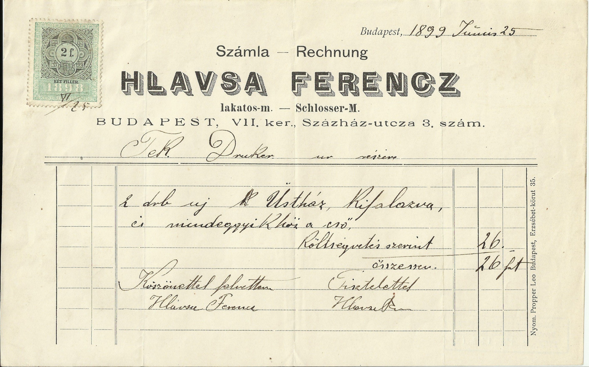 Hlavsa Ferenc lakatosmester számla (Magyar Kereskedelmi és Vendéglátóipari Múzeum CC BY-NC-SA)