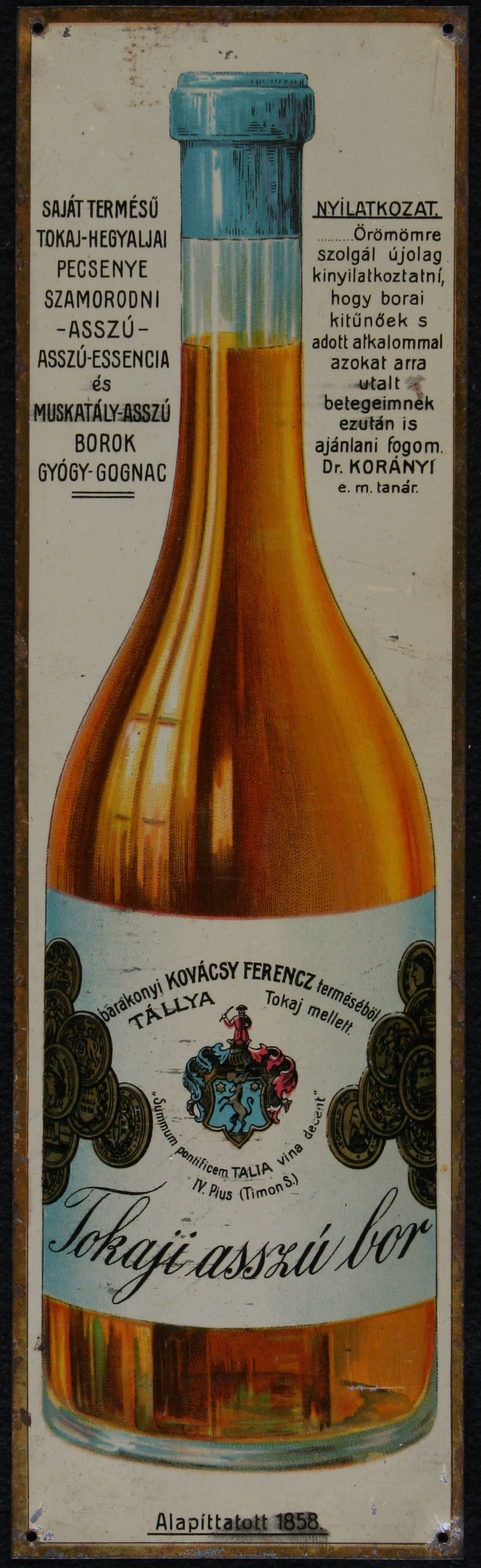 reklámtábla, Tokaji aszú bor (Magyar Kereskedelmi és Vendéglátóipari Múzeum CC BY-NC-SA)