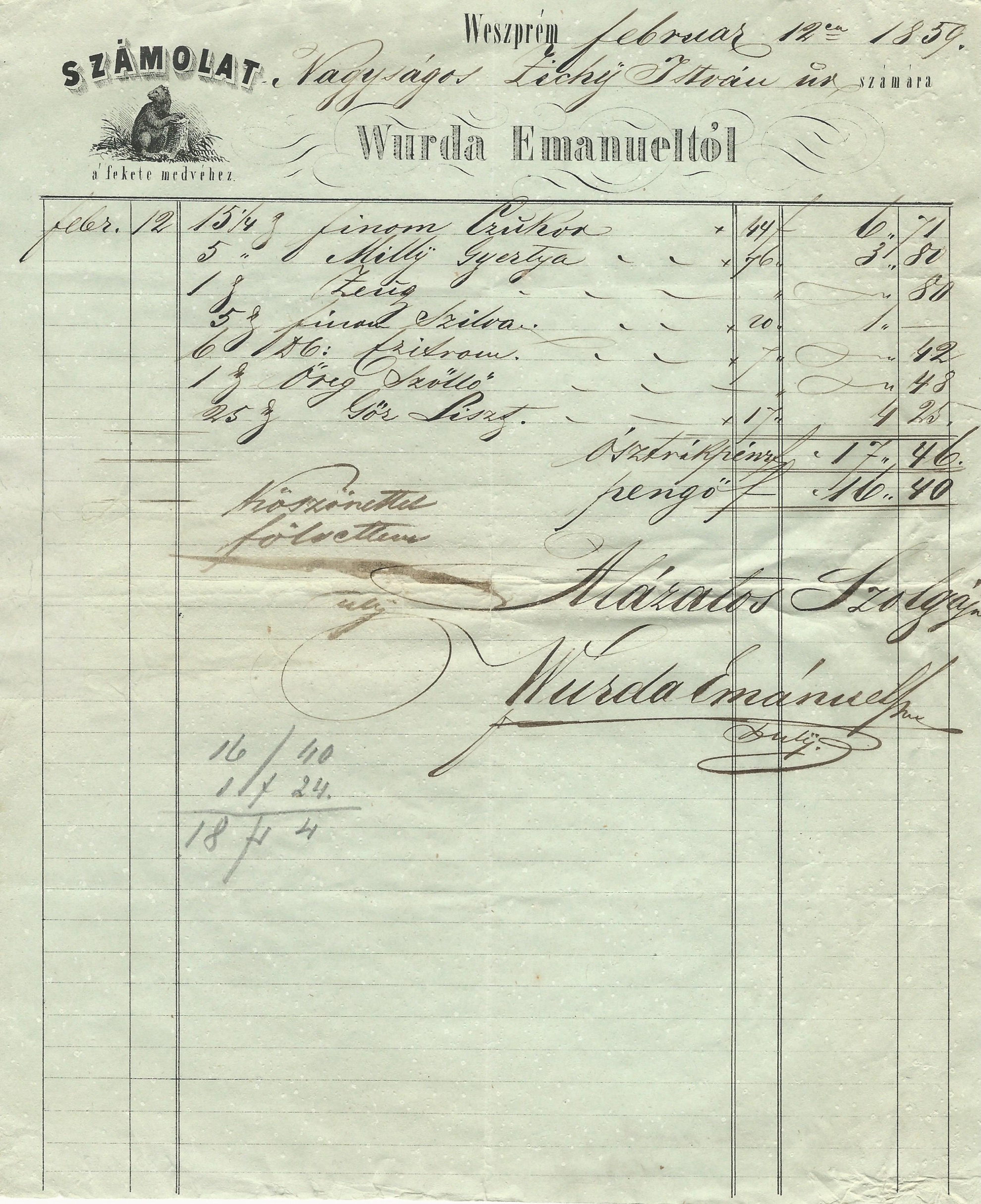 Wurda Emanuel számla (Magyar Kereskedelmi és Vendéglátóipari Múzeum CC BY-NC-SA)