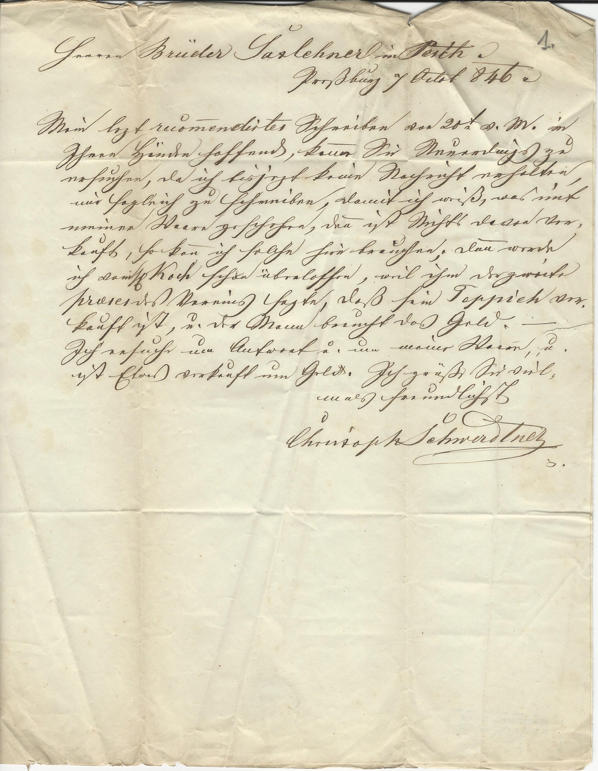 Schwerdtner Kristóf levél (Magyar Kereskedelmi és Vendéglátóipari Múzeum CC BY-NC-SA)