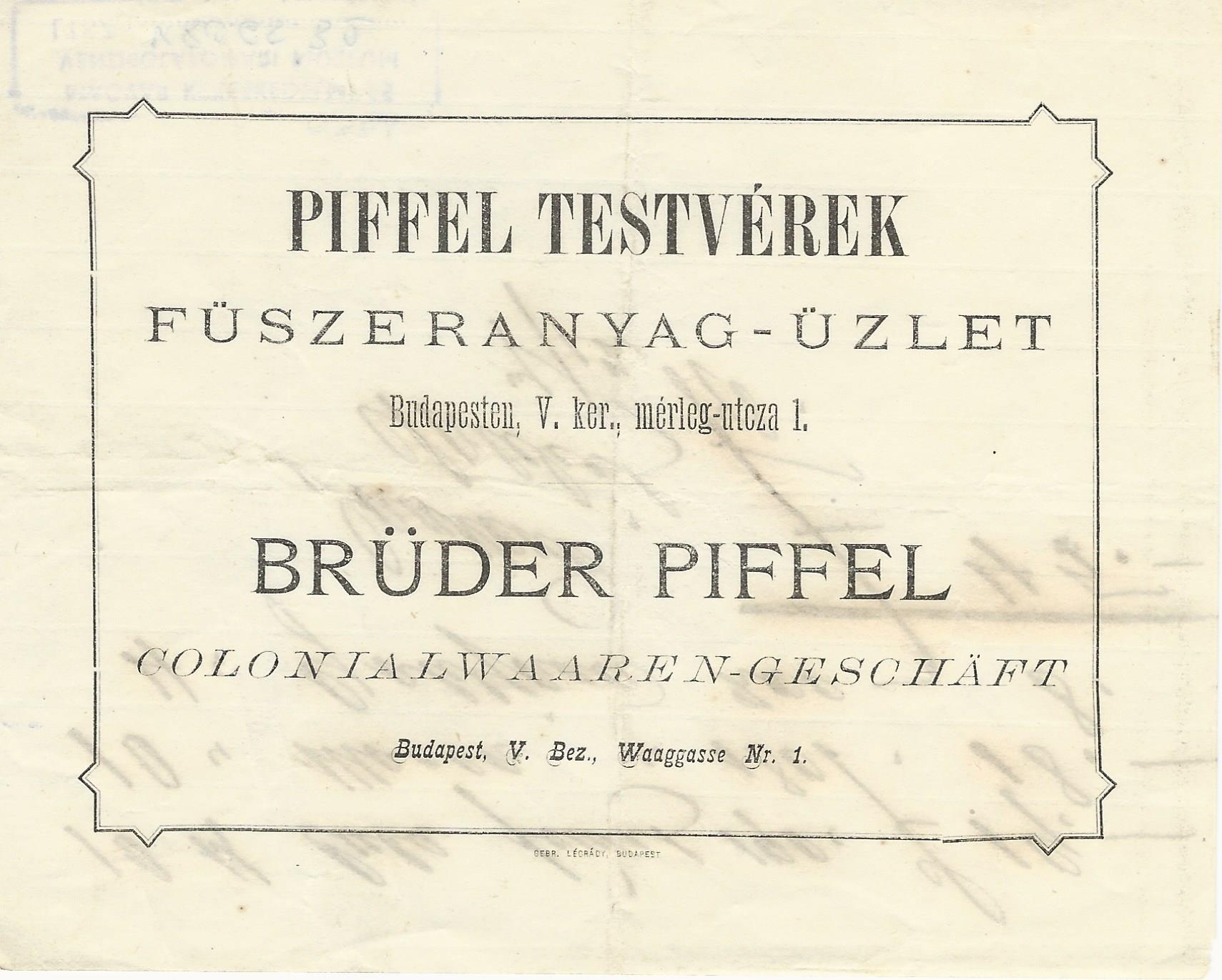 Piffel Testvérek számla (Magyar Kereskedelmi és Vendéglátóipari Múzeum CC BY-NC-SA)