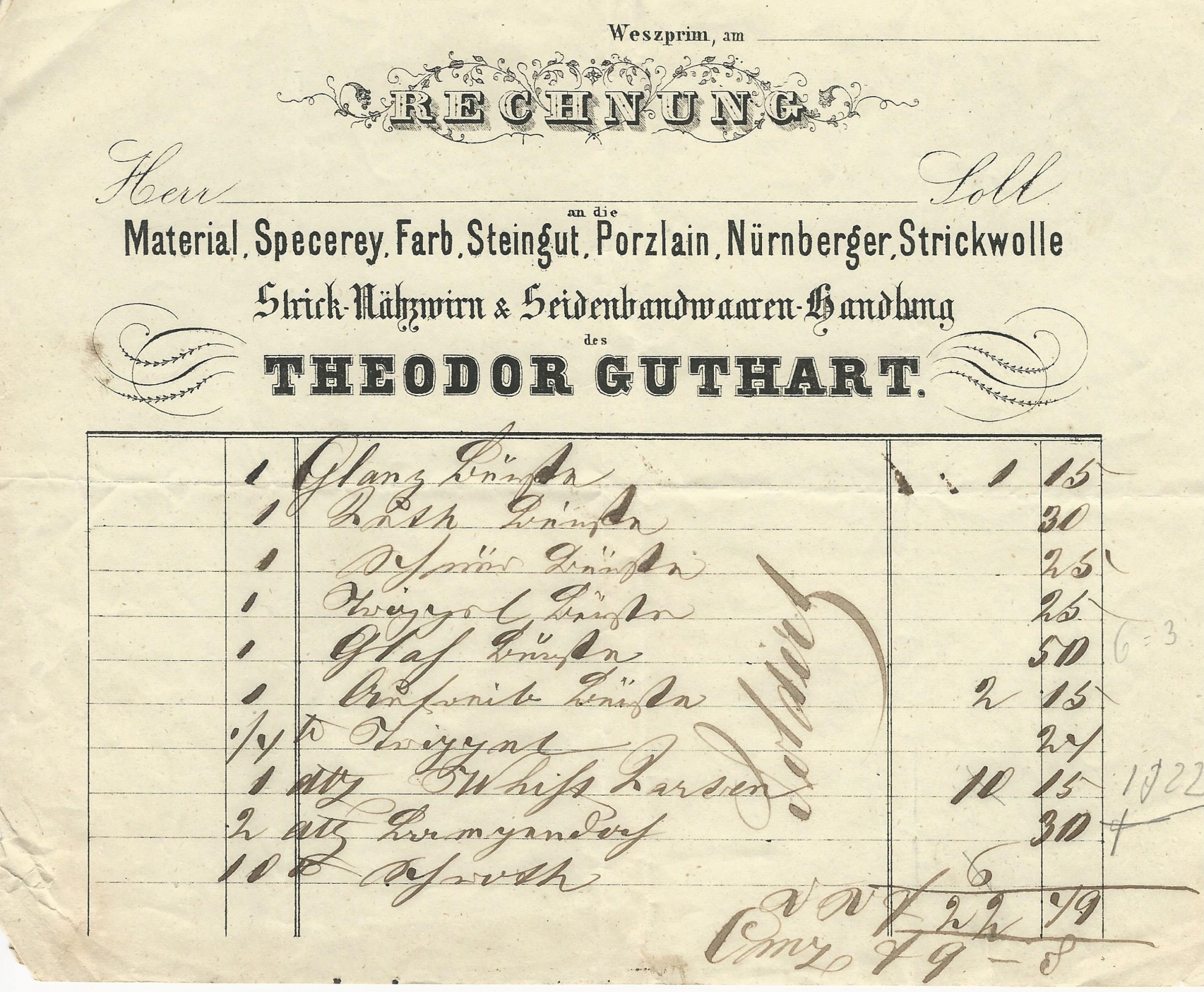 Guthart Teodor számla (Magyar Kereskedelmi és Vendéglátóipari Múzeum CC BY-NC-SA)