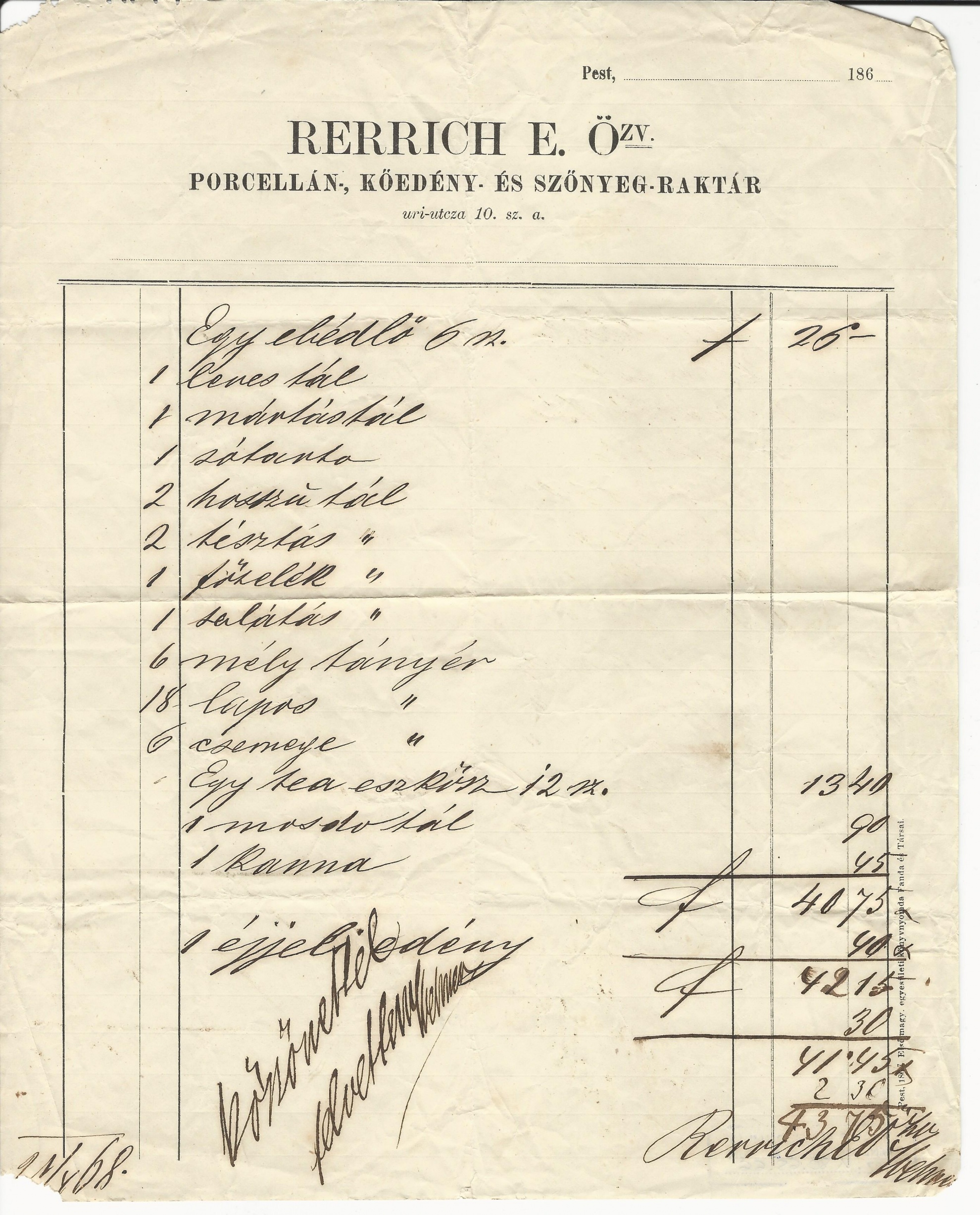 Rerrich E. özv. számla (Magyar Kereskedelmi és Vendéglátóipari Múzeum CC BY-NC-SA)