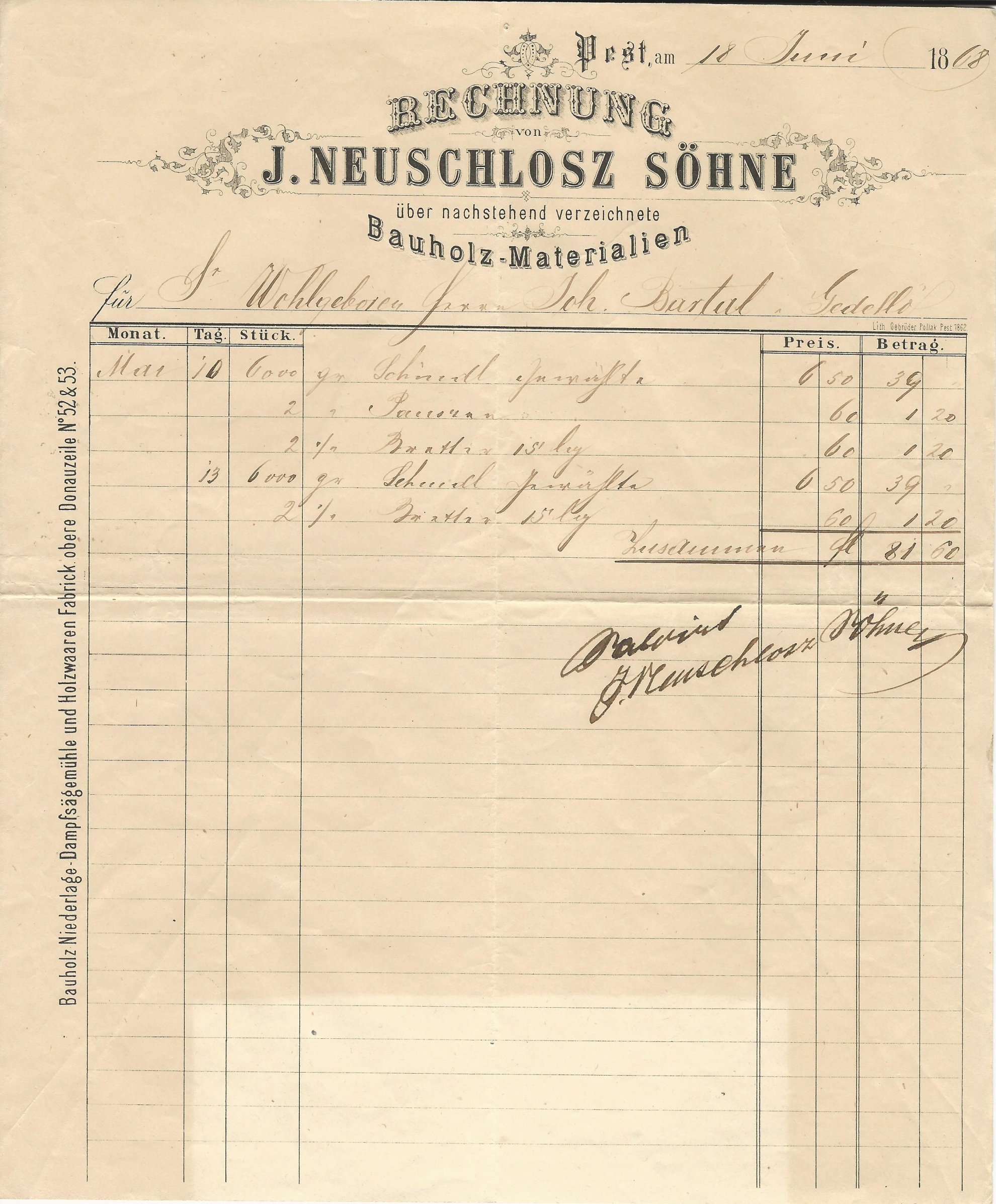 Neuschlosz J. Fiai számla (Magyar Kereskedelmi és Vendéglátóipari Múzeum CC BY-NC-SA)