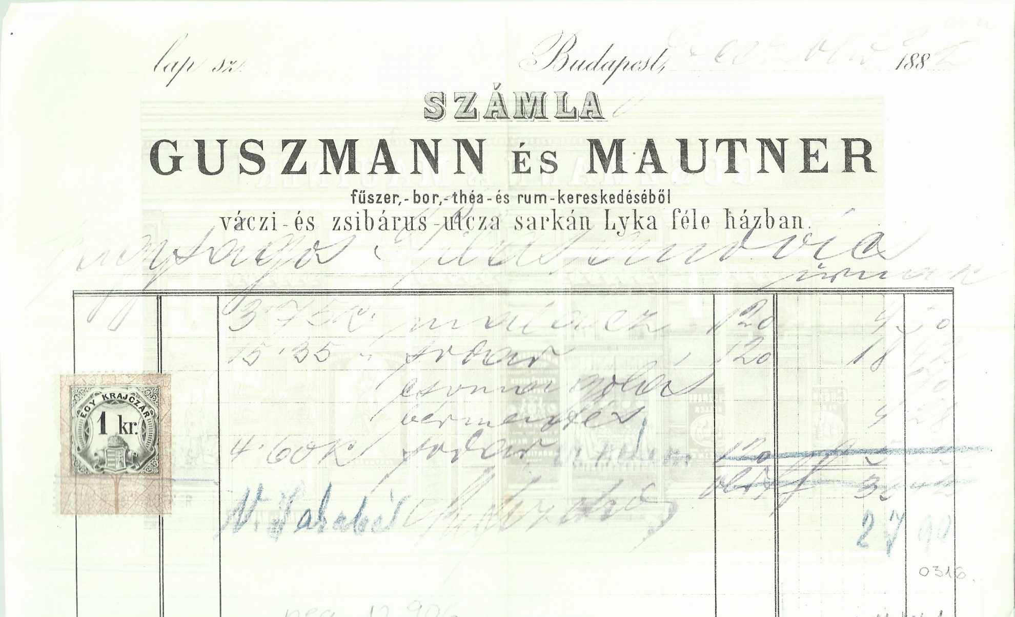 Guszmann és Mautner számla (Magyar Kereskedelmi és Vendéglátóipari Múzeum CC BY-NC-SA)