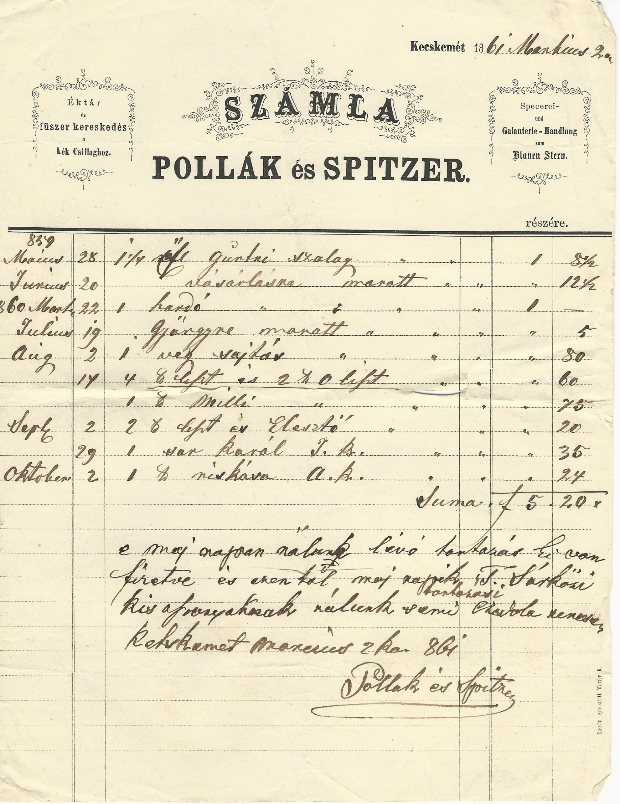 Pollák és Spitzer számla (Magyar Kereskedelmi és Vendéglátóipari Múzeum CC BY-NC-SA)
