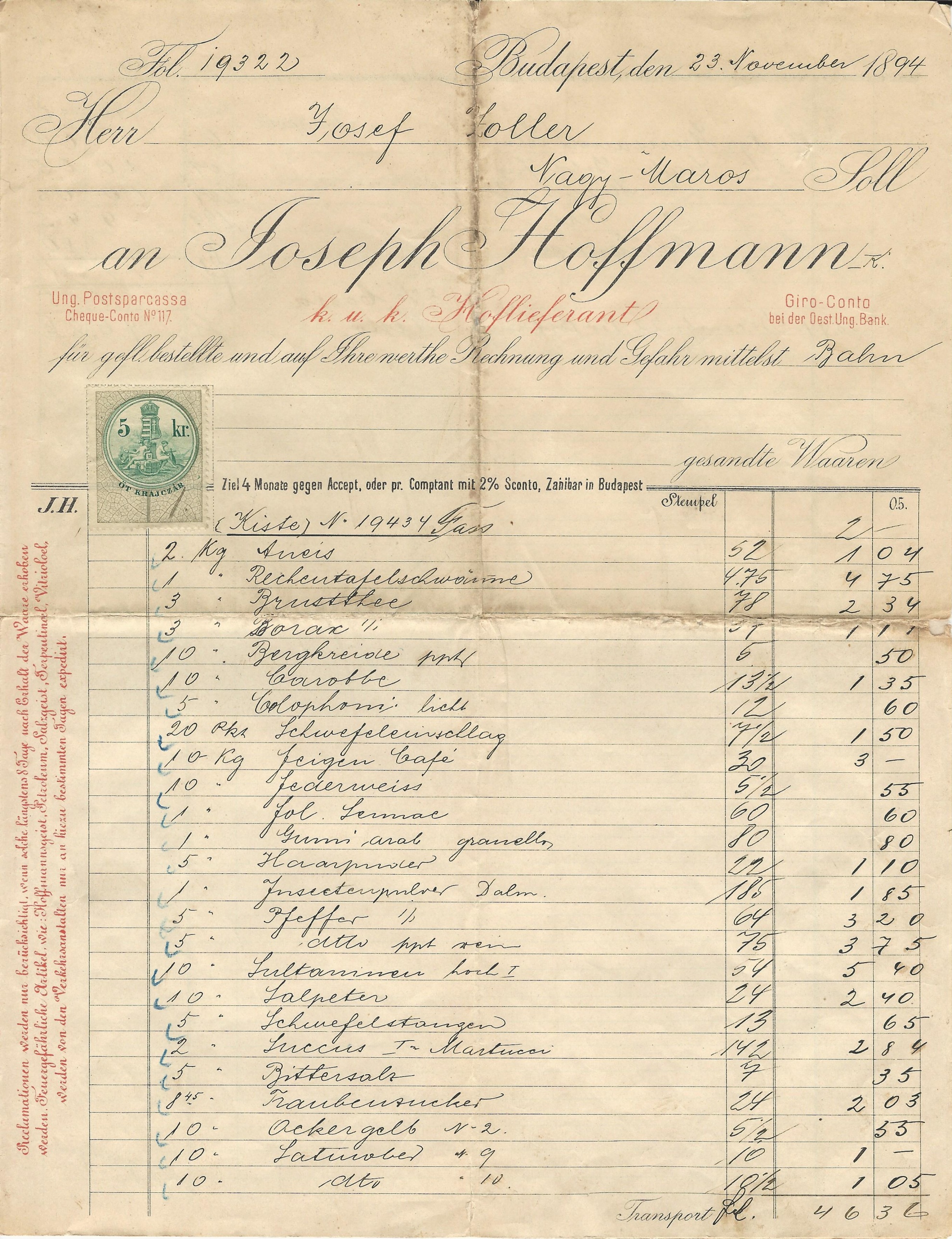 Hoffmann József számla (Magyar Kereskedelmi és Vendéglátóipari Múzeum CC BY-NC-SA)