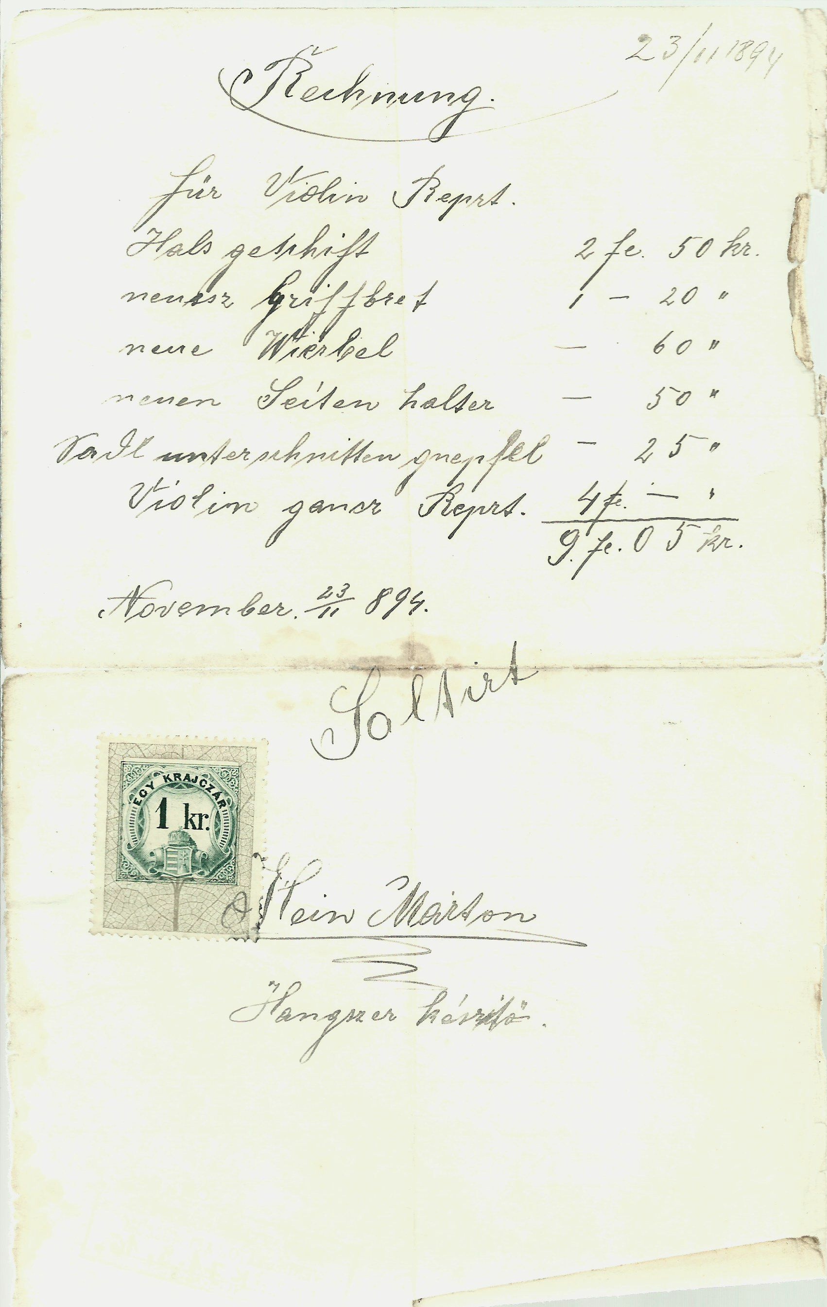 Hein Márton számla (Magyar Kereskedelmi és Vendéglátóipari Múzeum CC BY-NC-SA)