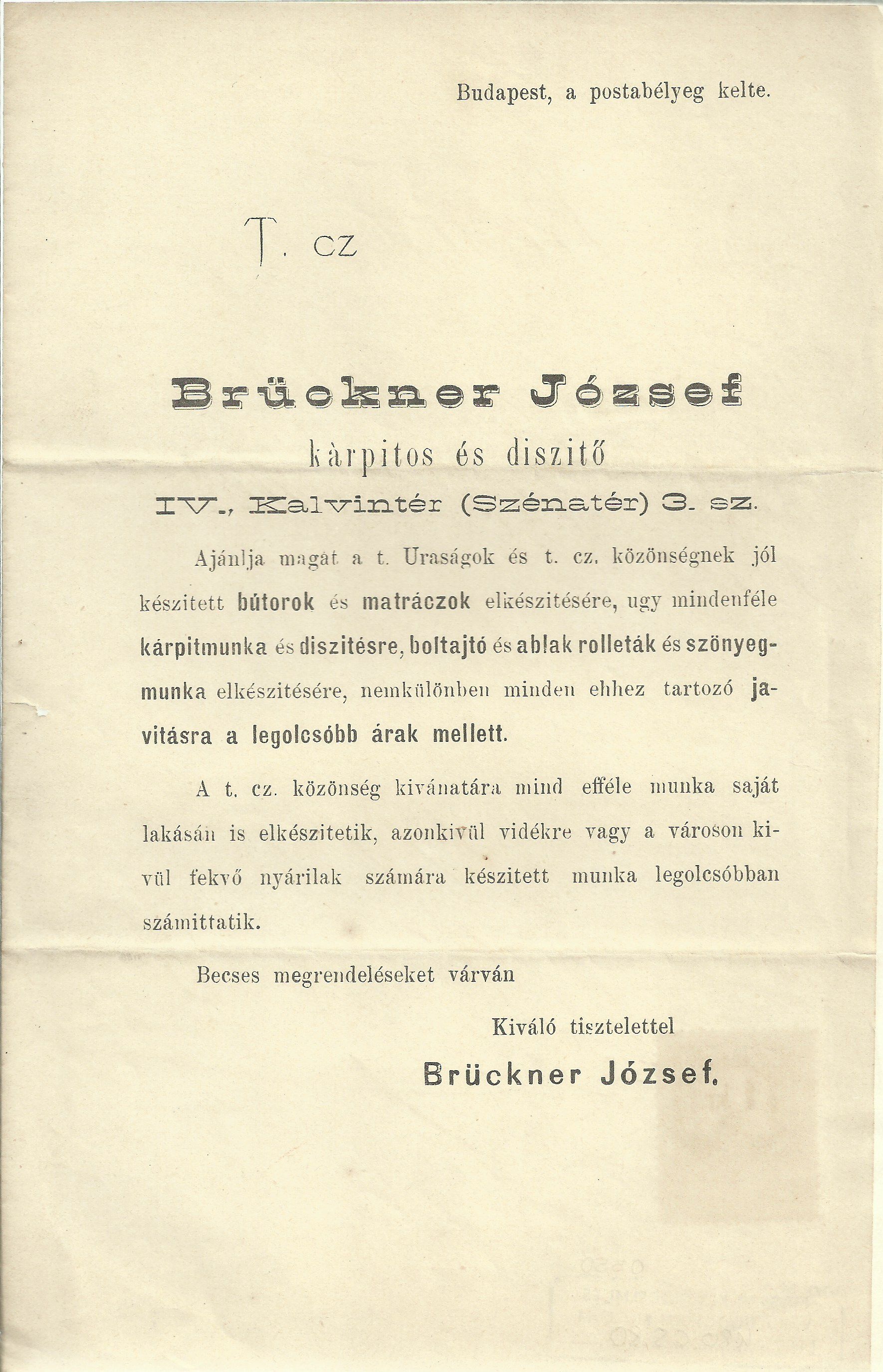 Brückner József számla (Magyar Kereskedelmi és Vendéglátóipari Múzeum CC BY-NC-SA)