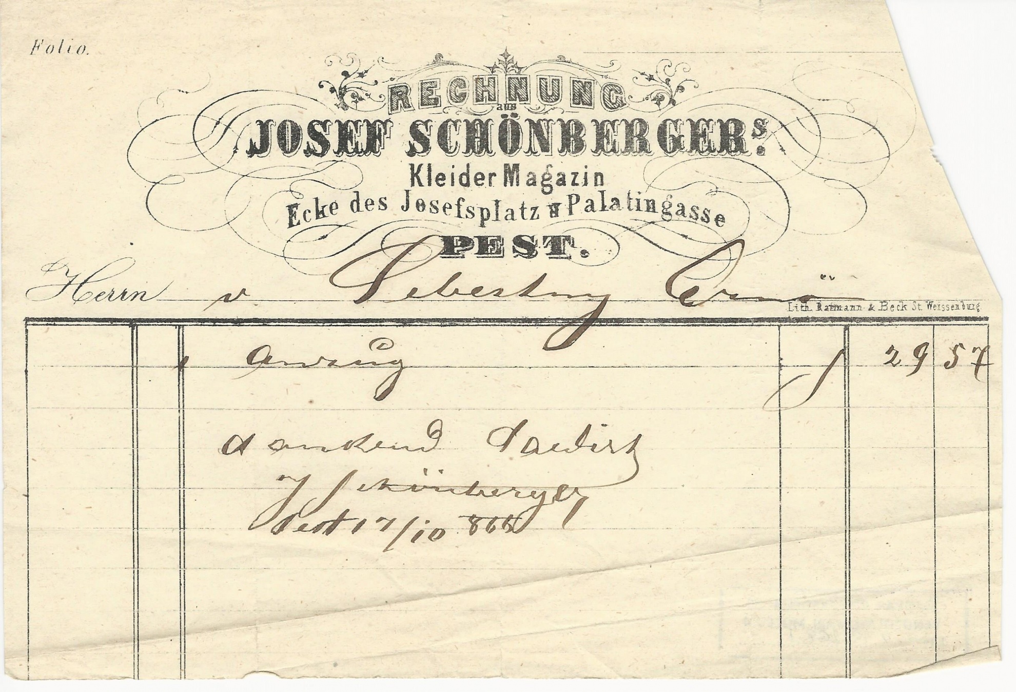 Schönberger József számla (Magyar Kereskedelmi és Vendéglátóipari Múzeum CC BY-NC-SA)