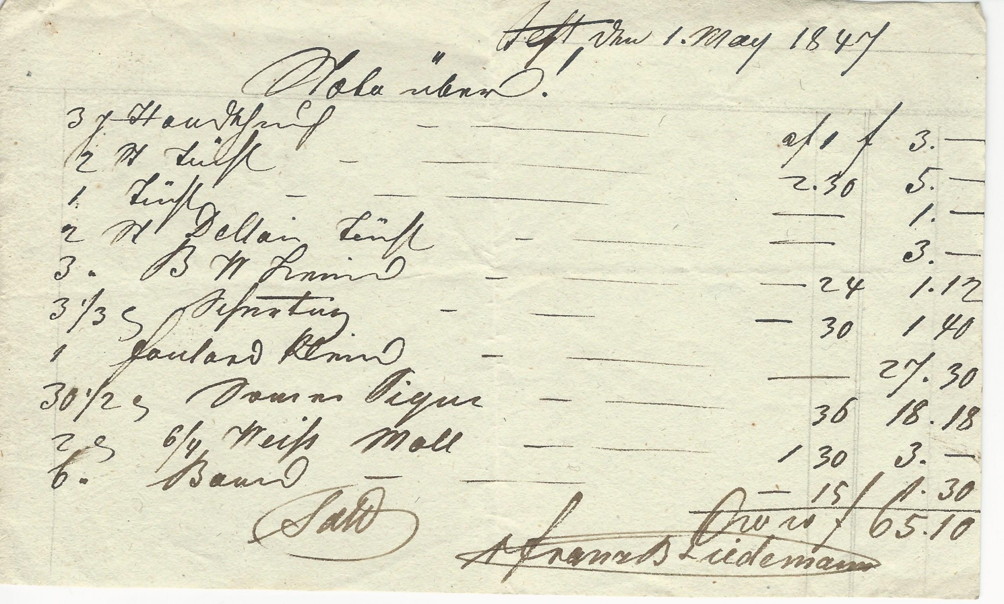 Liedemann Ferenc számla (Magyar Kereskedelmi és Vendéglátóipari Múzeum CC BY-NC-SA)