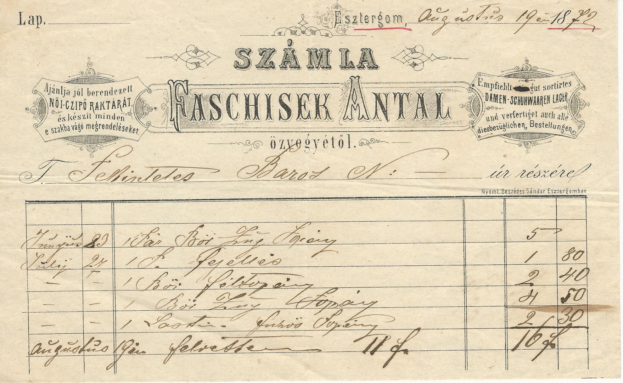 Faschisek Antal özvegye számla (Magyar Kereskedelmi és Vendéglátóipari Múzeum CC BY-NC-SA)