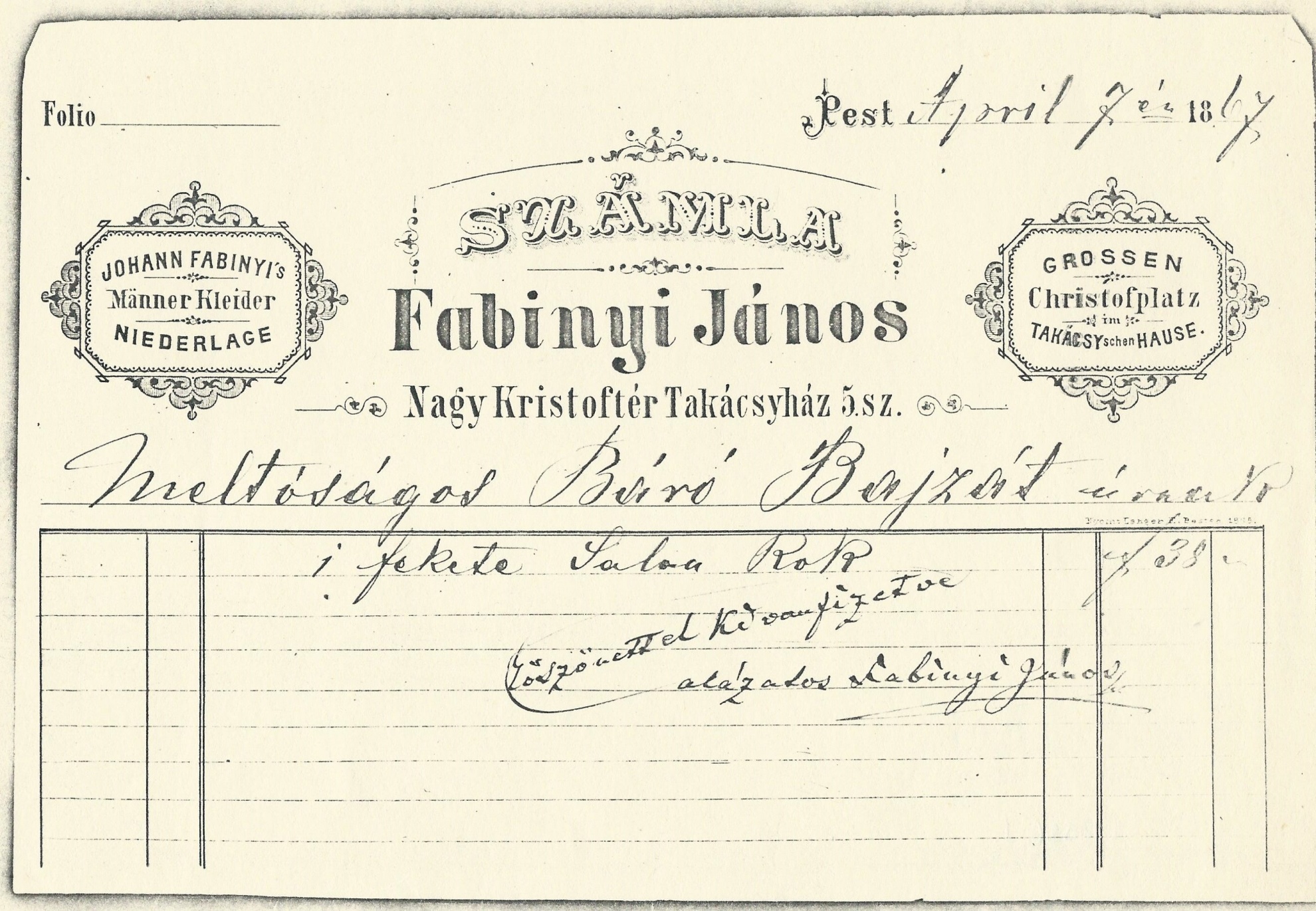 Fabinyi János számla (Magyar Kereskedelmi és Vendéglátóipari Múzeum CC BY-NC-SA)