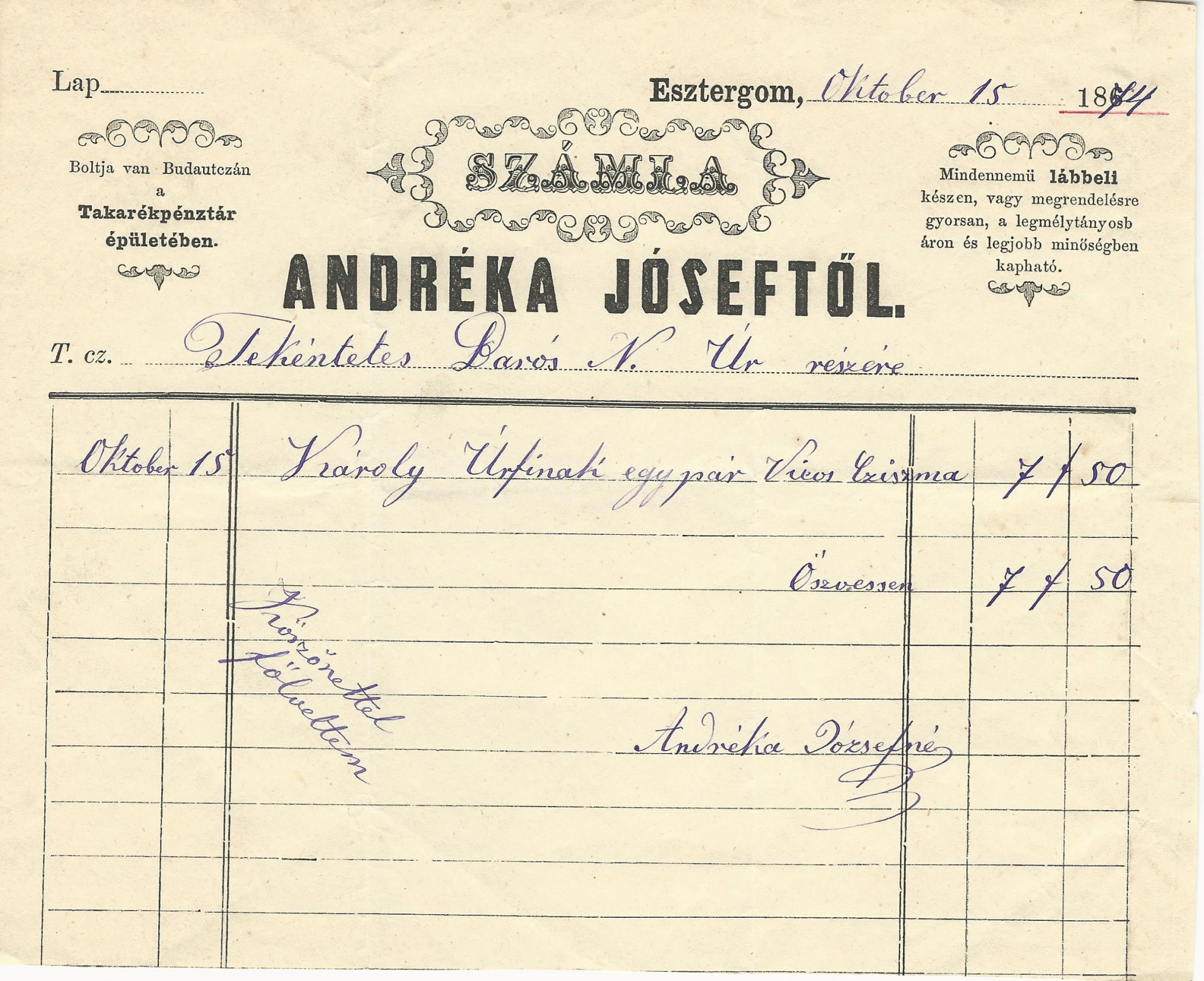 Andréka József számla (Magyar Kereskedelmi és Vendéglátóipari Múzeum CC BY-NC-SA)