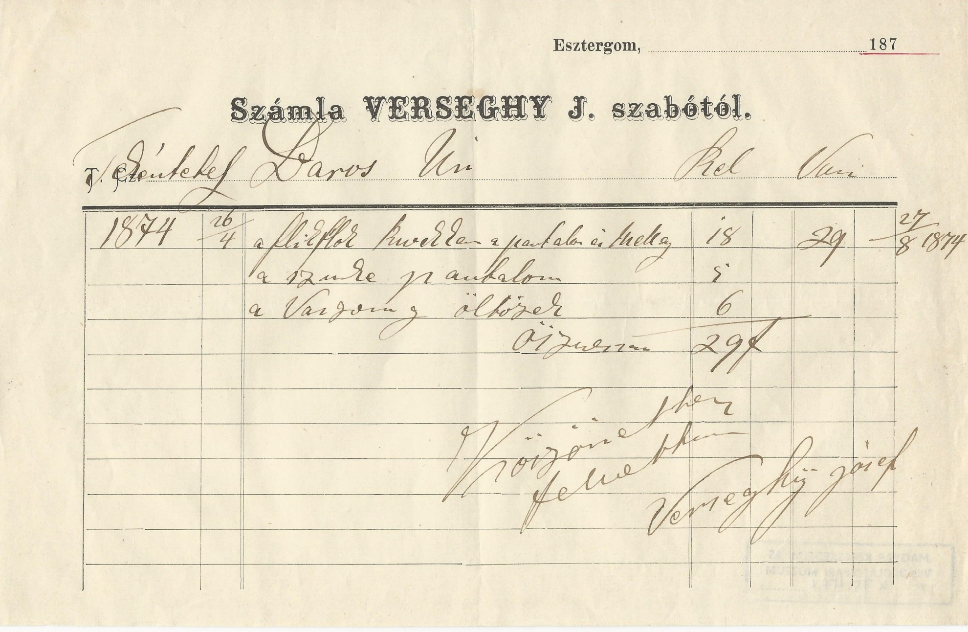 Verseghy J. számla (Magyar Kereskedelmi és Vendéglátóipari Múzeum CC BY-NC-SA)