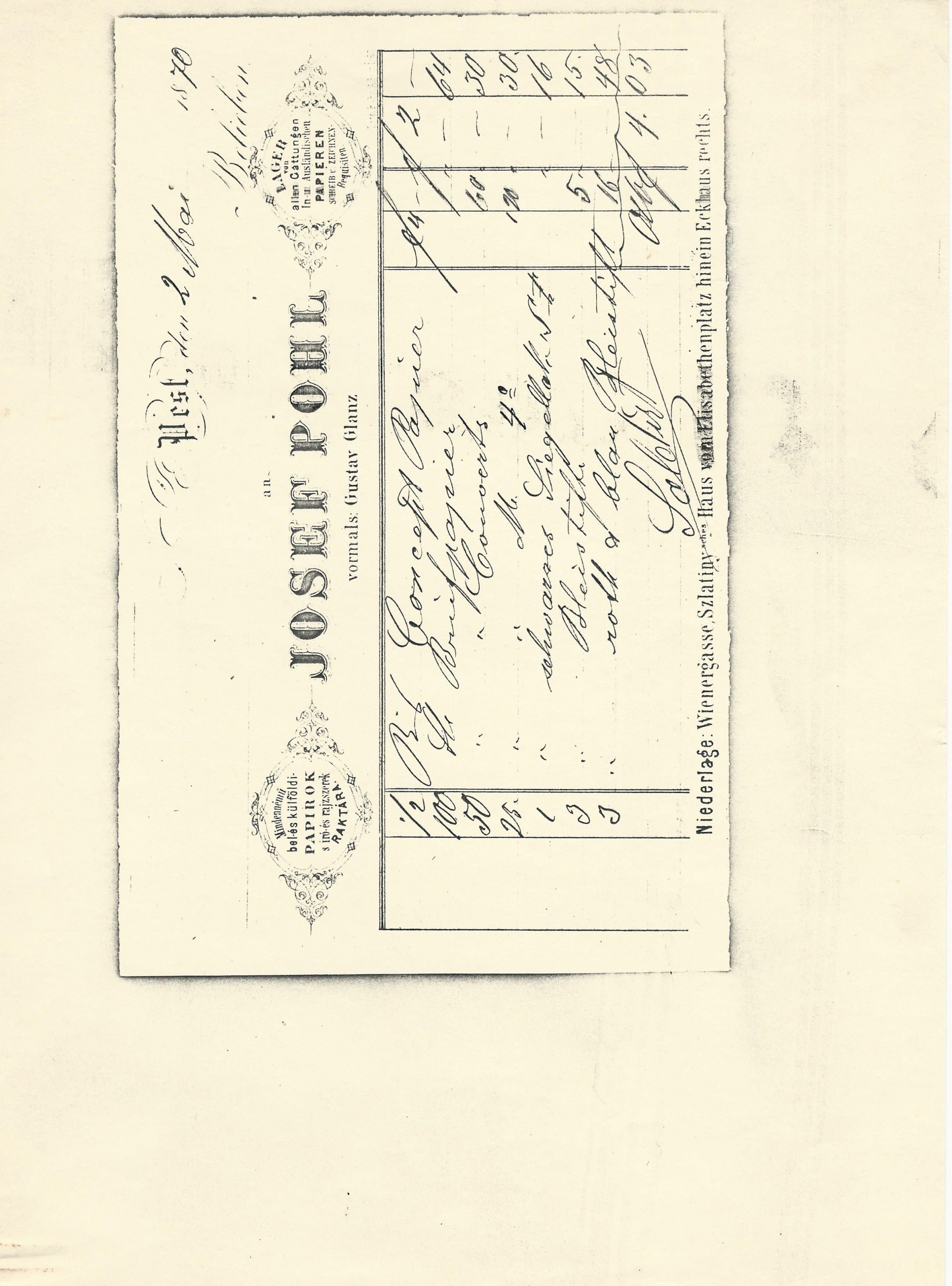 Pohl József számla (Magyar Kereskedelmi és Vendéglátóipari Múzeum CC BY-NC-SA)