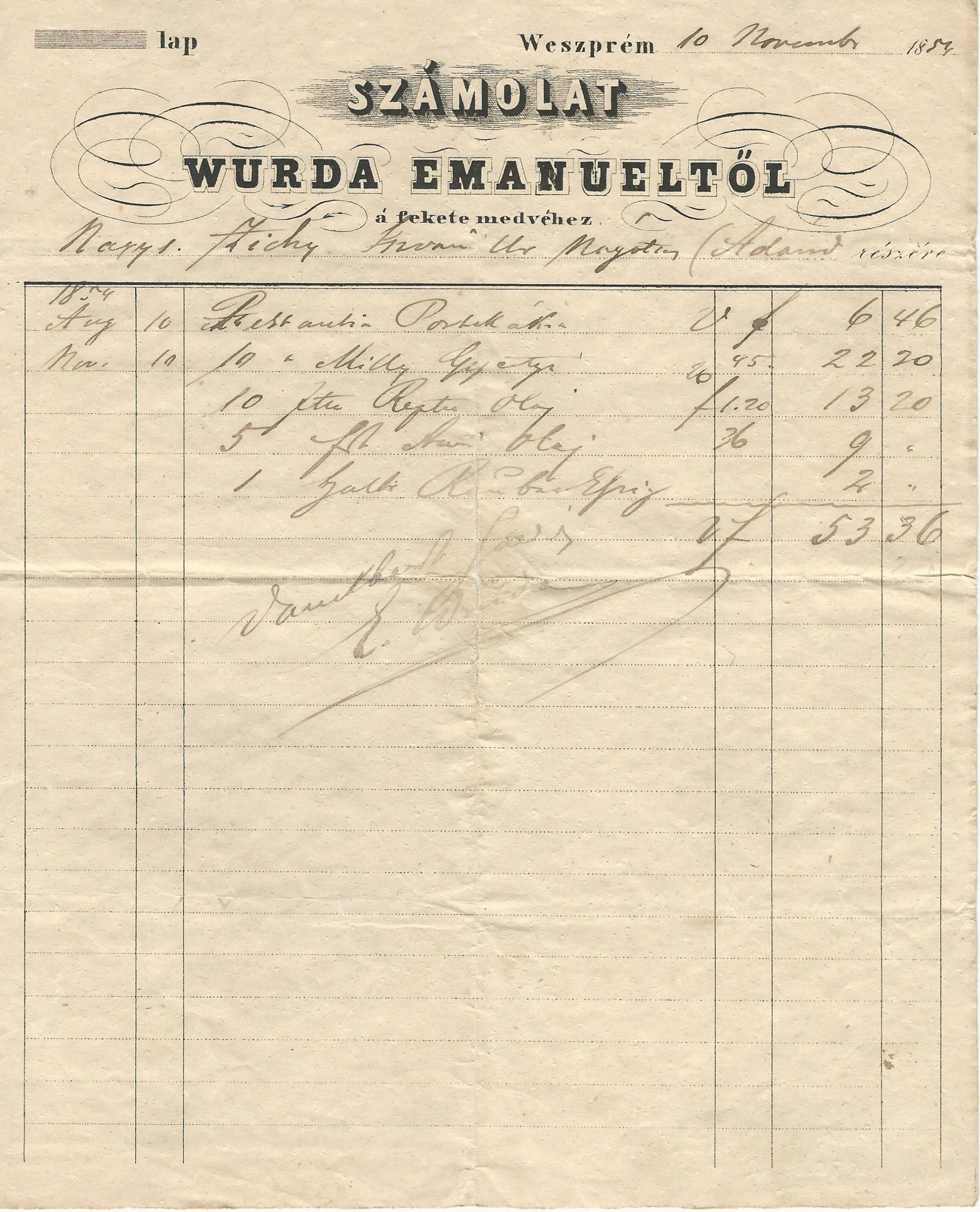 Wurda Emanuel számla (Magyar Kereskedelmi és Vendéglátóipari Múzeum CC BY-NC-SA)