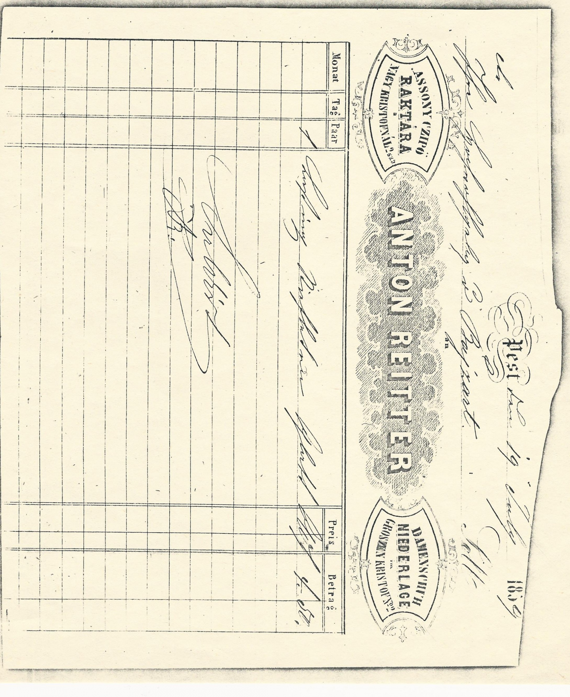 Reitter Antal számla (Magyar Kereskedelmi és Vendéglátóipari Múzeum CC BY-NC-SA)