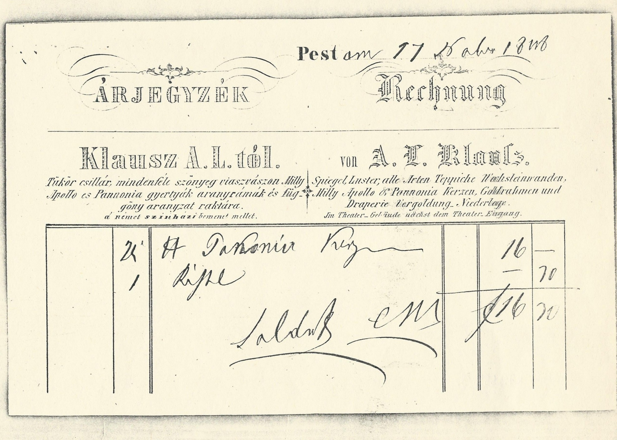 Klausz A. L. számla (Magyar Kereskedelmi és Vendéglátóipari Múzeum CC BY-NC-SA)