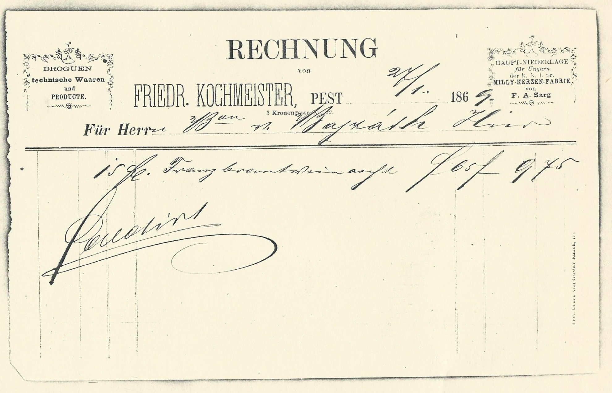 Kochmeister Frigyes számla (Magyar Kereskedelmi és Vendéglátóipari Múzeum CC BY-NC-SA)
