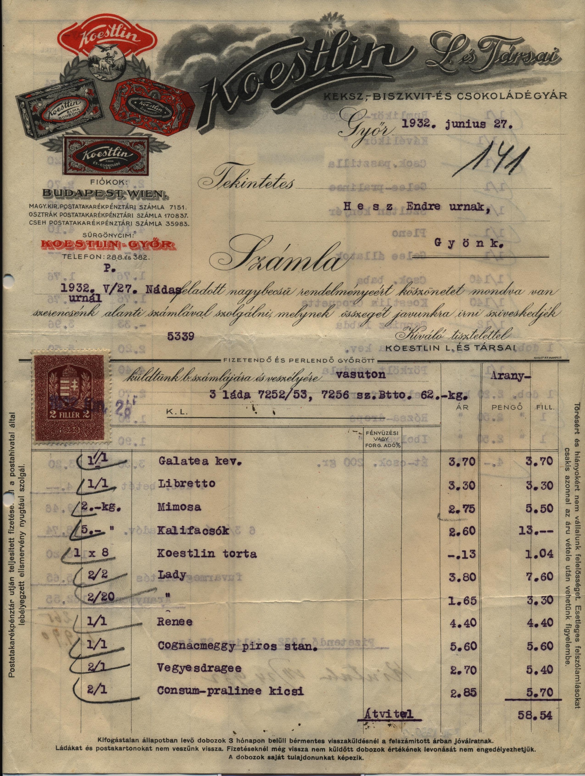 invoice, Koestlin (Magyar Kereskedelmi és Vendéglátóipari Múzeum CC BY-NC-SA)