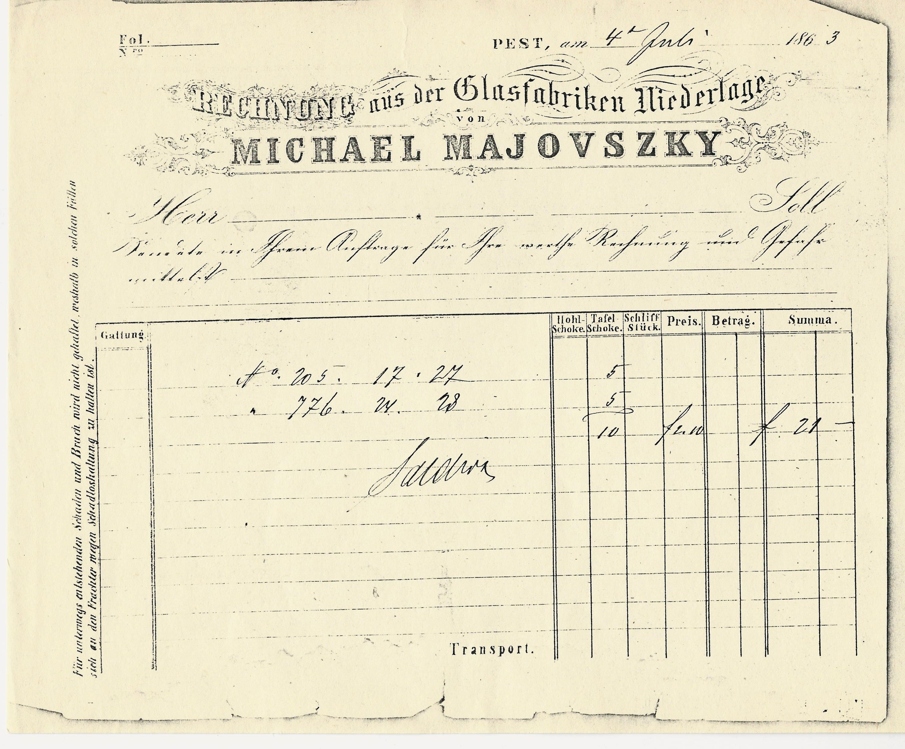 Majovszky Mihály számla (Magyar Kereskedelmi és Vendéglátóipari Múzeum CC BY-NC-SA)
