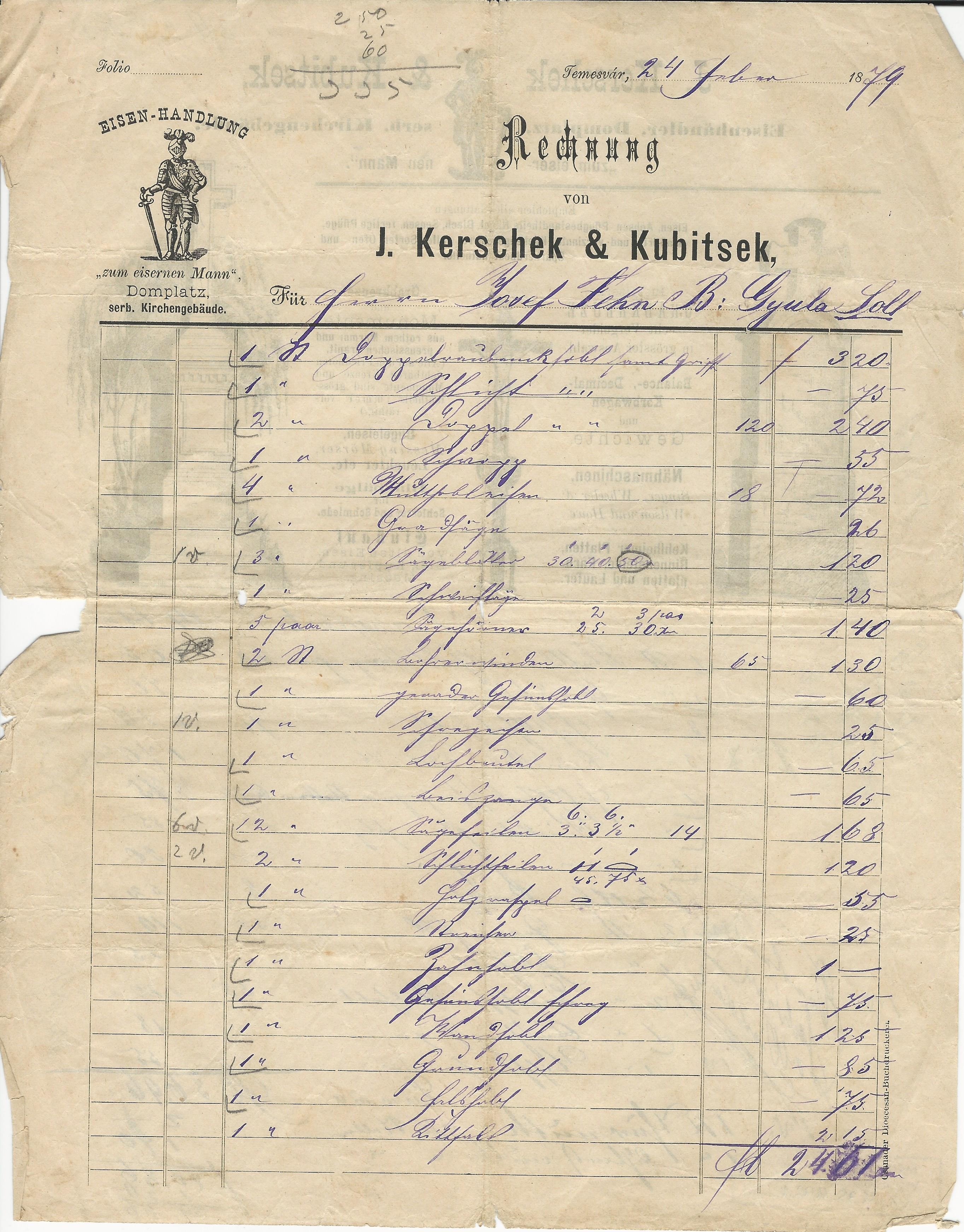 Kerschek és Kubitsek számla (Magyar Kereskedelmi és Vendéglátóipari Múzeum CC BY-NC-SA)