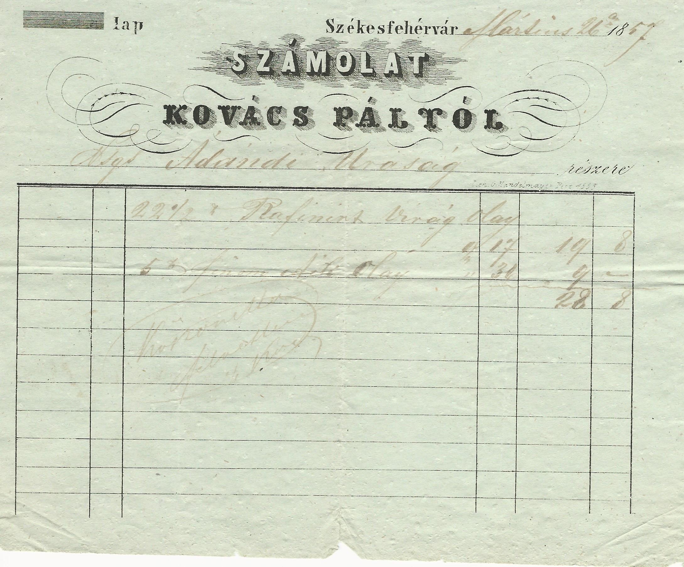 Kovács Pál számla (Magyar Kereskedelmi és Vendéglátóipari Múzeum CC BY-NC-SA)
