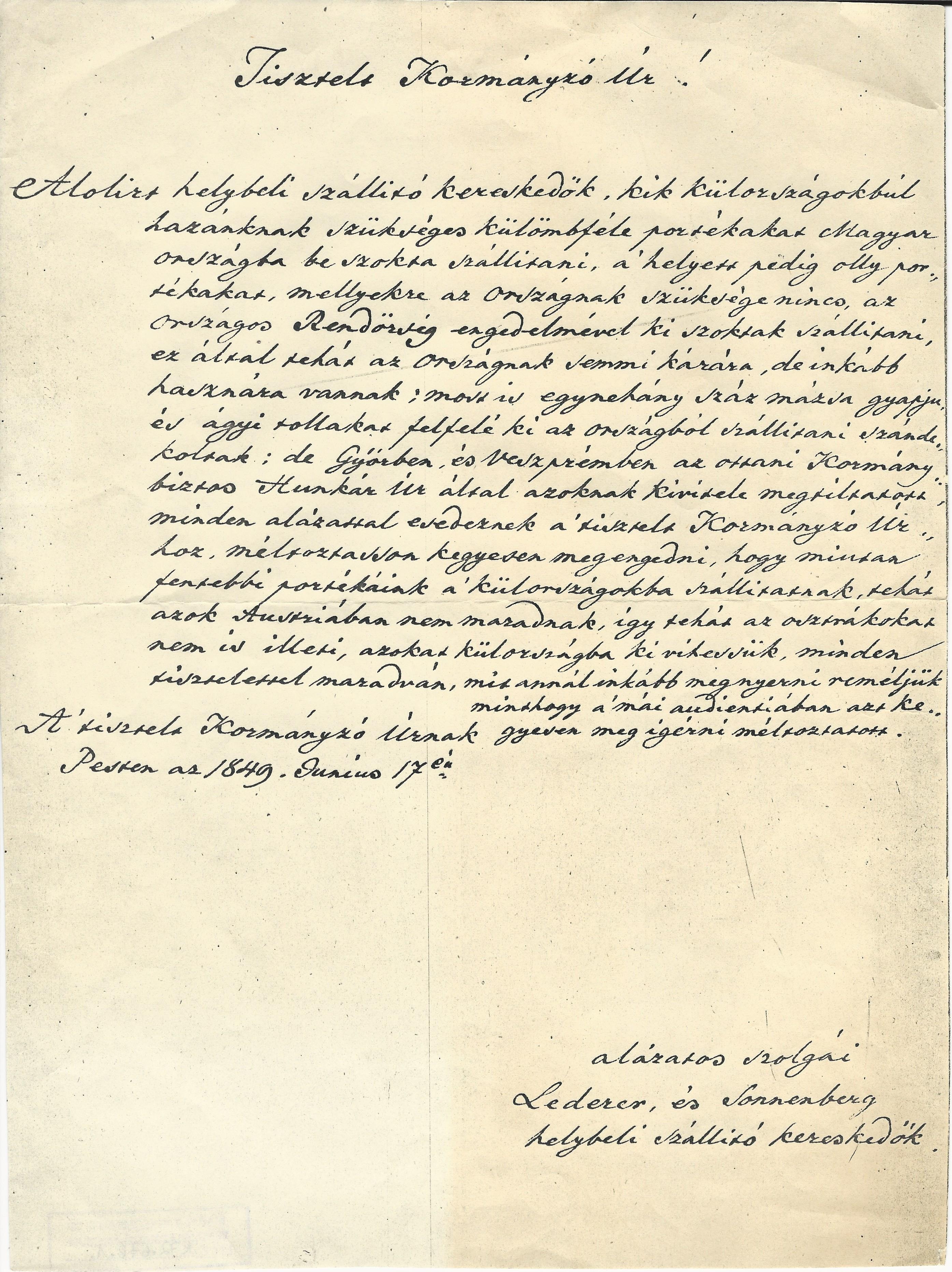 Lederer és Sonnenberg levél (Magyar Kereskedelmi és Vendéglátóipari Múzeum CC BY-NC-SA)
