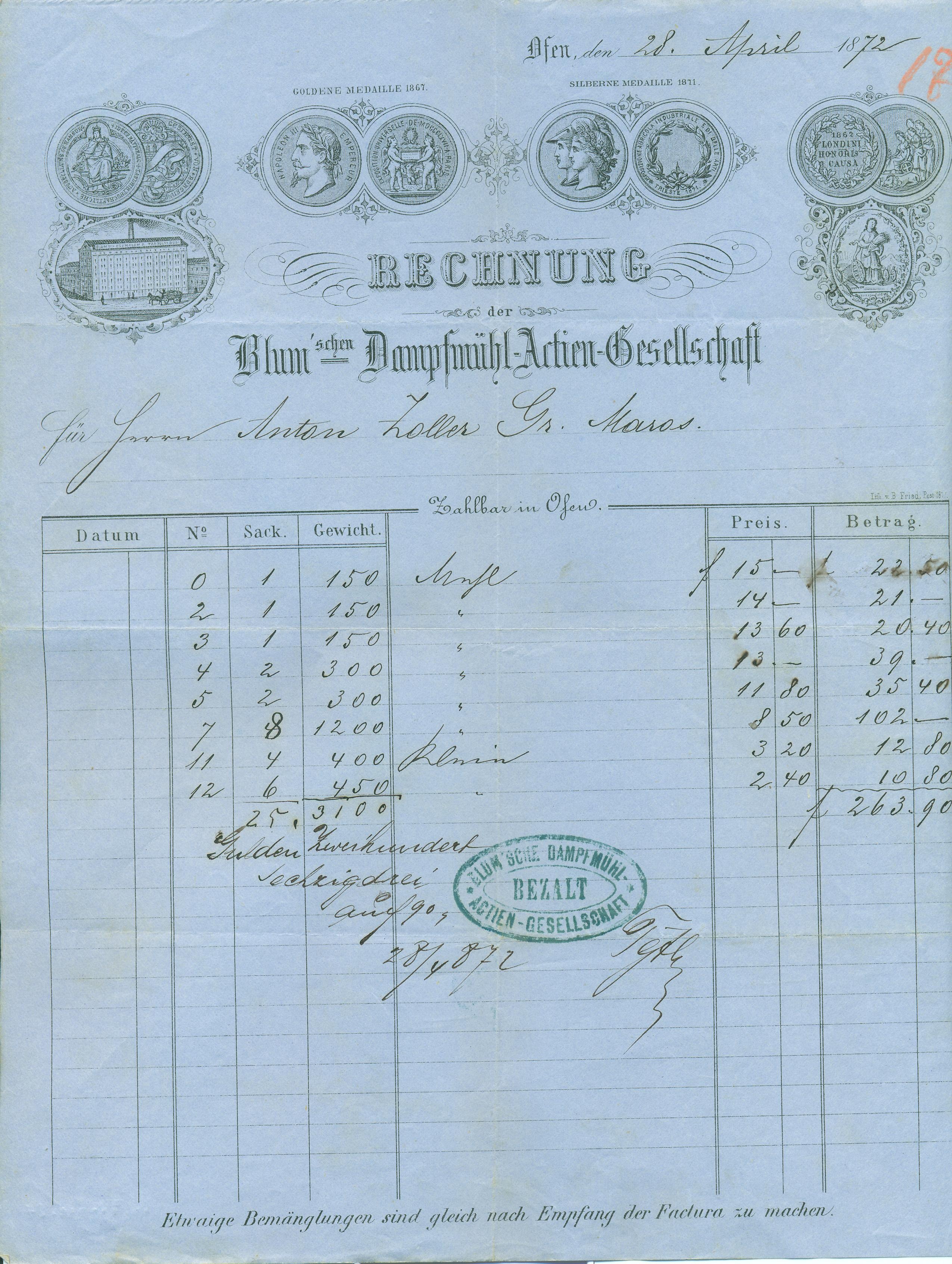 Blum-féle Gőzmalom számla (Magyar Kereskedelmi és Vendéglátóipari Múzeum CC BY-NC-SA)