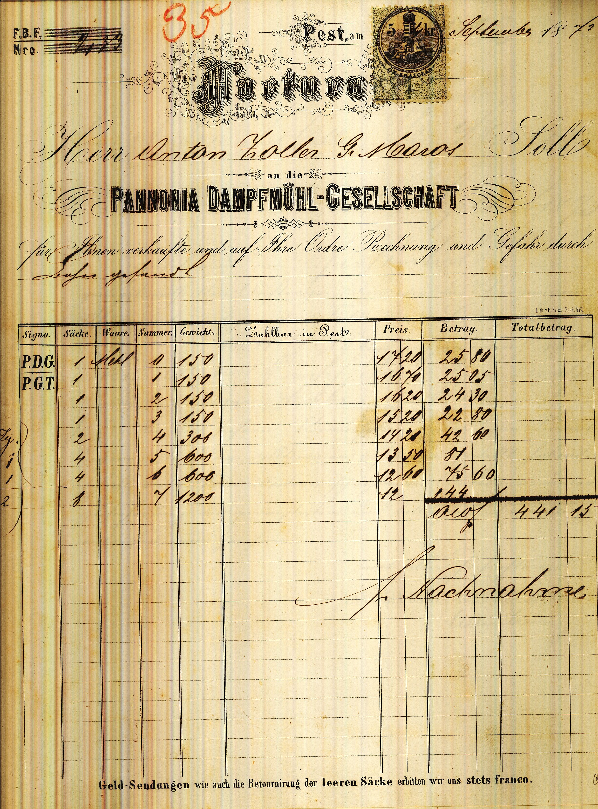 Pannonia Gőzmalom számla (Magyar Kereskedelmi és Vendéglátóipari Múzeum CC BY-NC-SA)