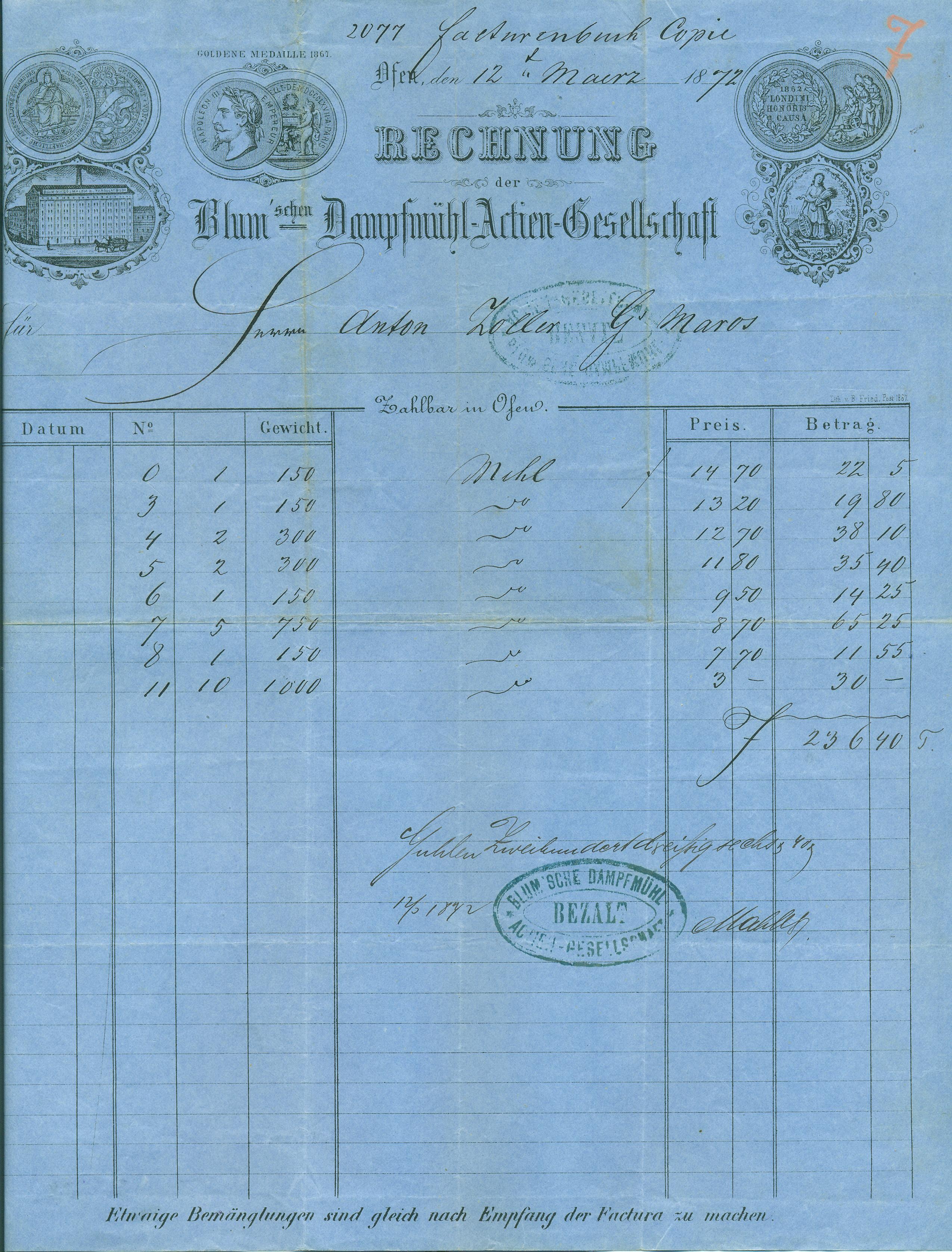 Blum-féle Gőzmalom számla (Magyar Kereskedelmi és Vendéglátóipari Múzeum CC BY-NC-SA)