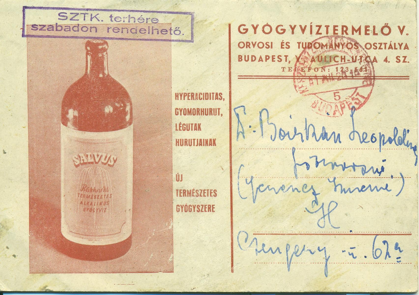 Salvus gyógyvíz reklámlap (Magyar Kereskedelmi és Vendéglátóipari Múzeum CC BY-NC-SA)